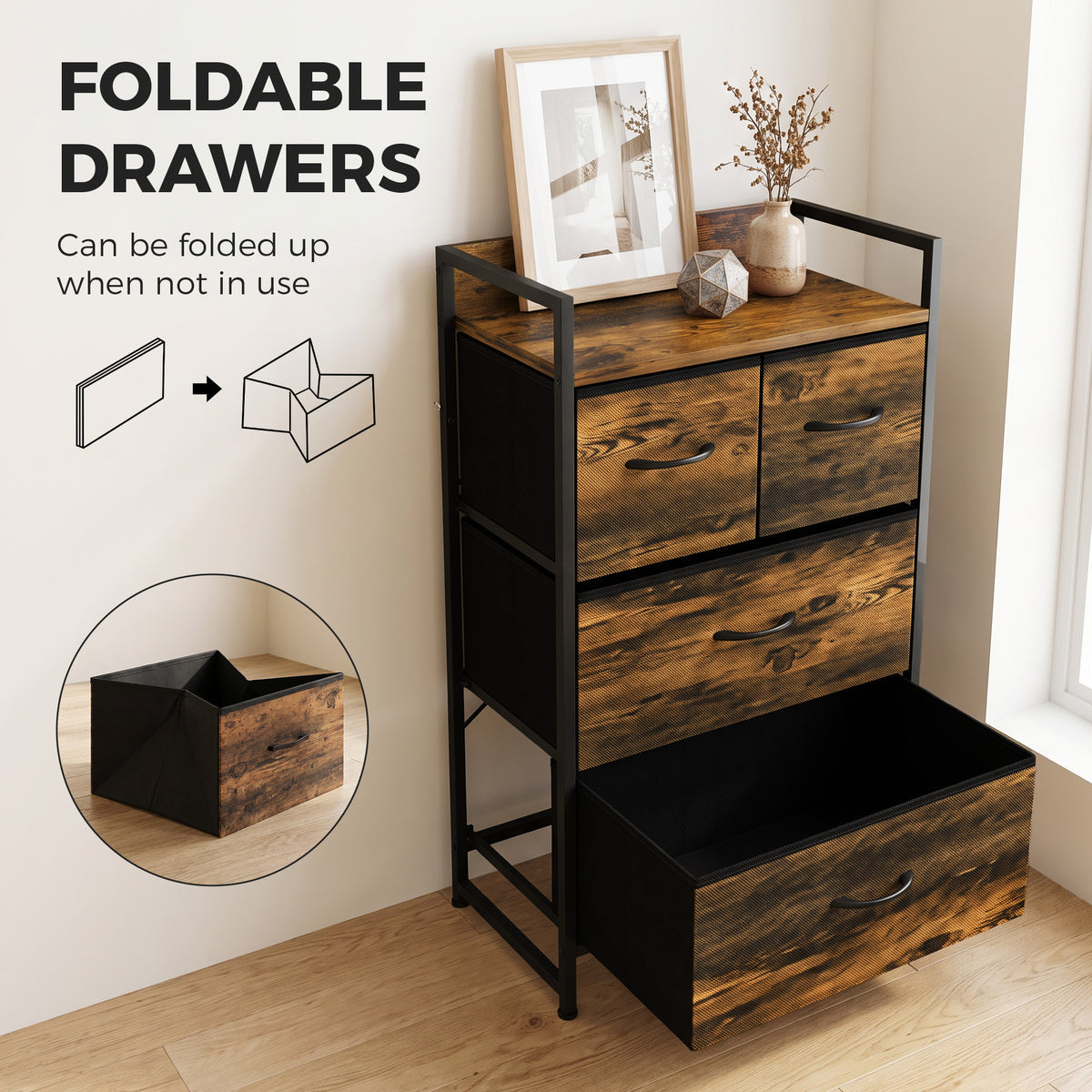 Rustic brown storage dresser with foldable drawer design and open top shelf