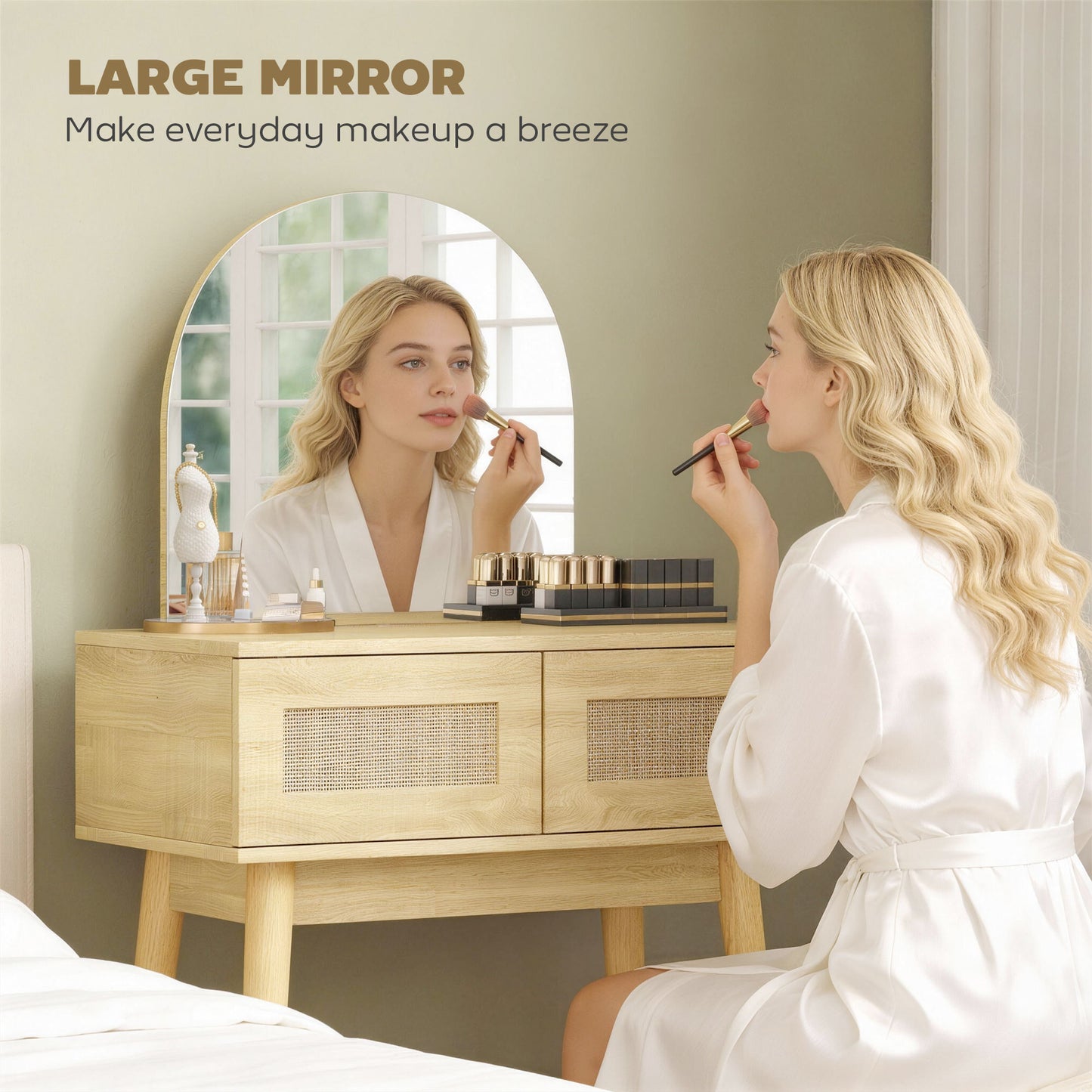 HOMCOM Compact Dressing Table Vanity Desk With Mirror And Two Drawers Natural Wood Finish