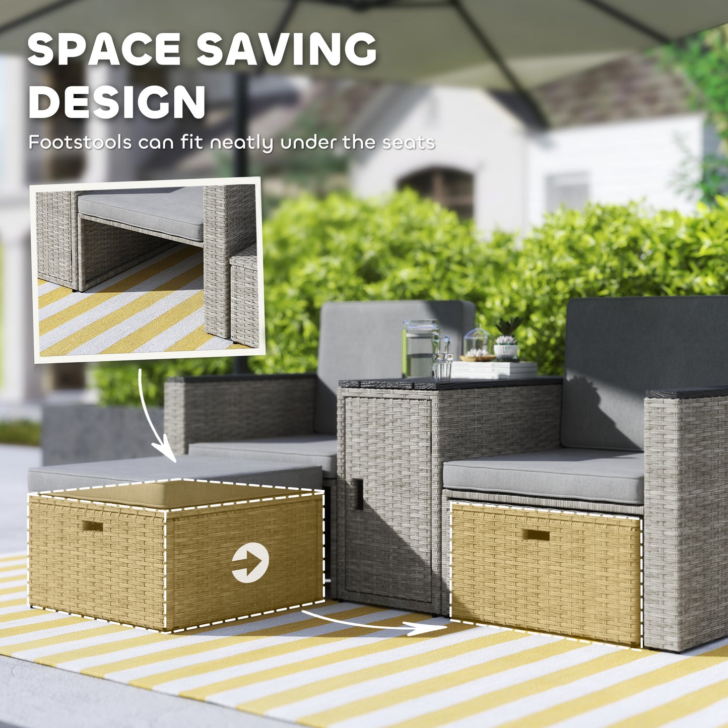 Outsunny Five Piece Rattan Garden Furniture Set With Storage Table Cushions And Two Chairs And Footstools Grey