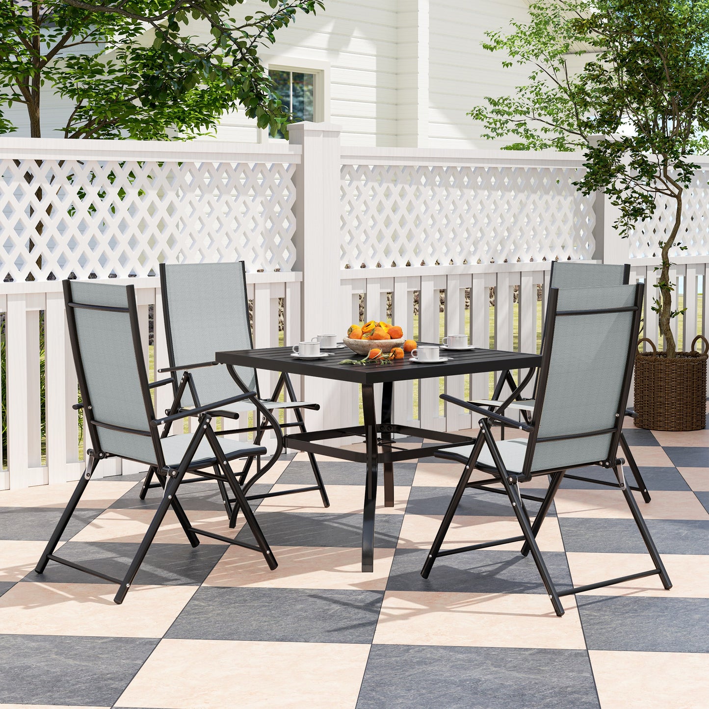 Outsunny Five Piece Steel Frame Patio Dining Set With Square Table And Folding Chairs Grey And Black