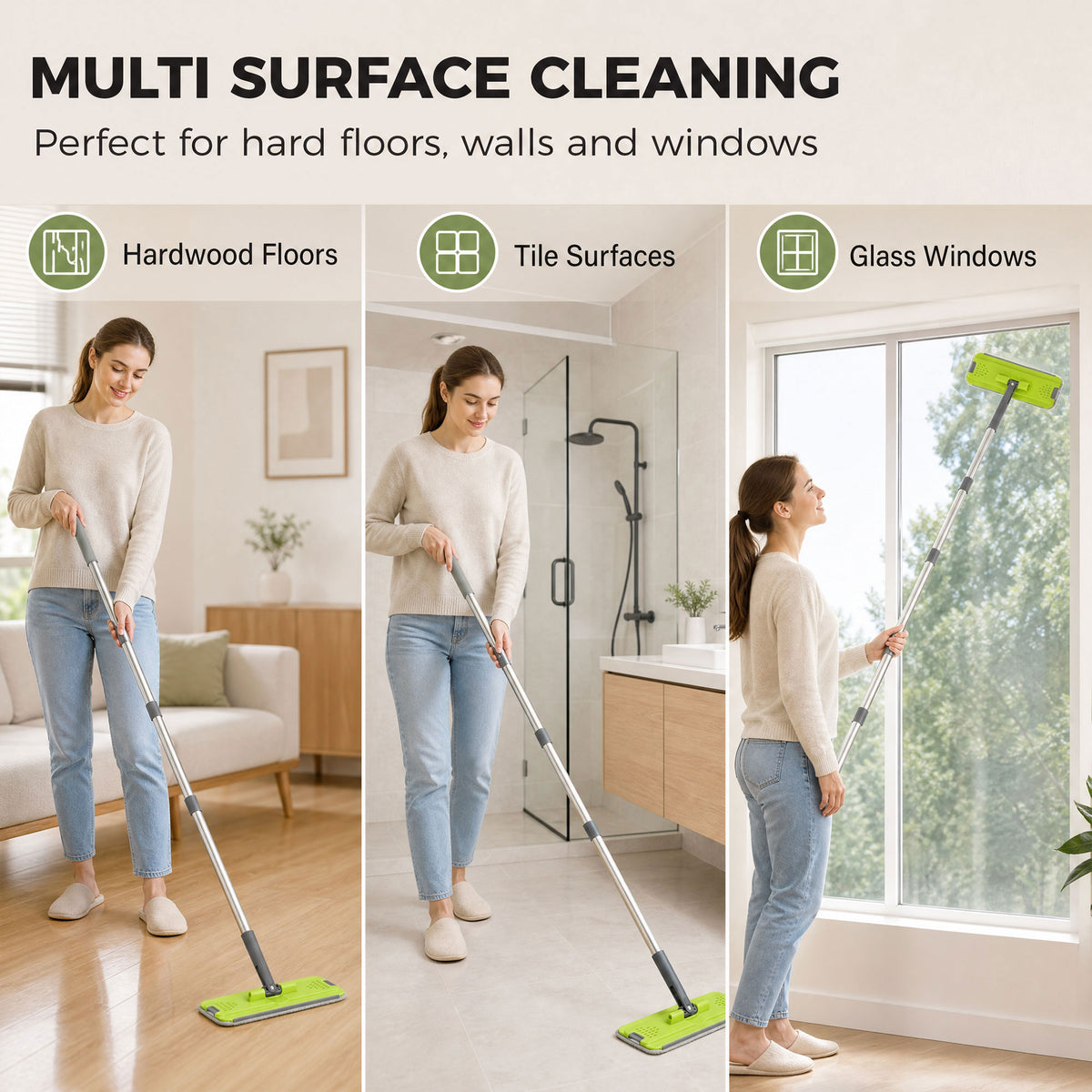 Flat mop and bucket set with green mop head and wringer, for wet and dry floor cleaning