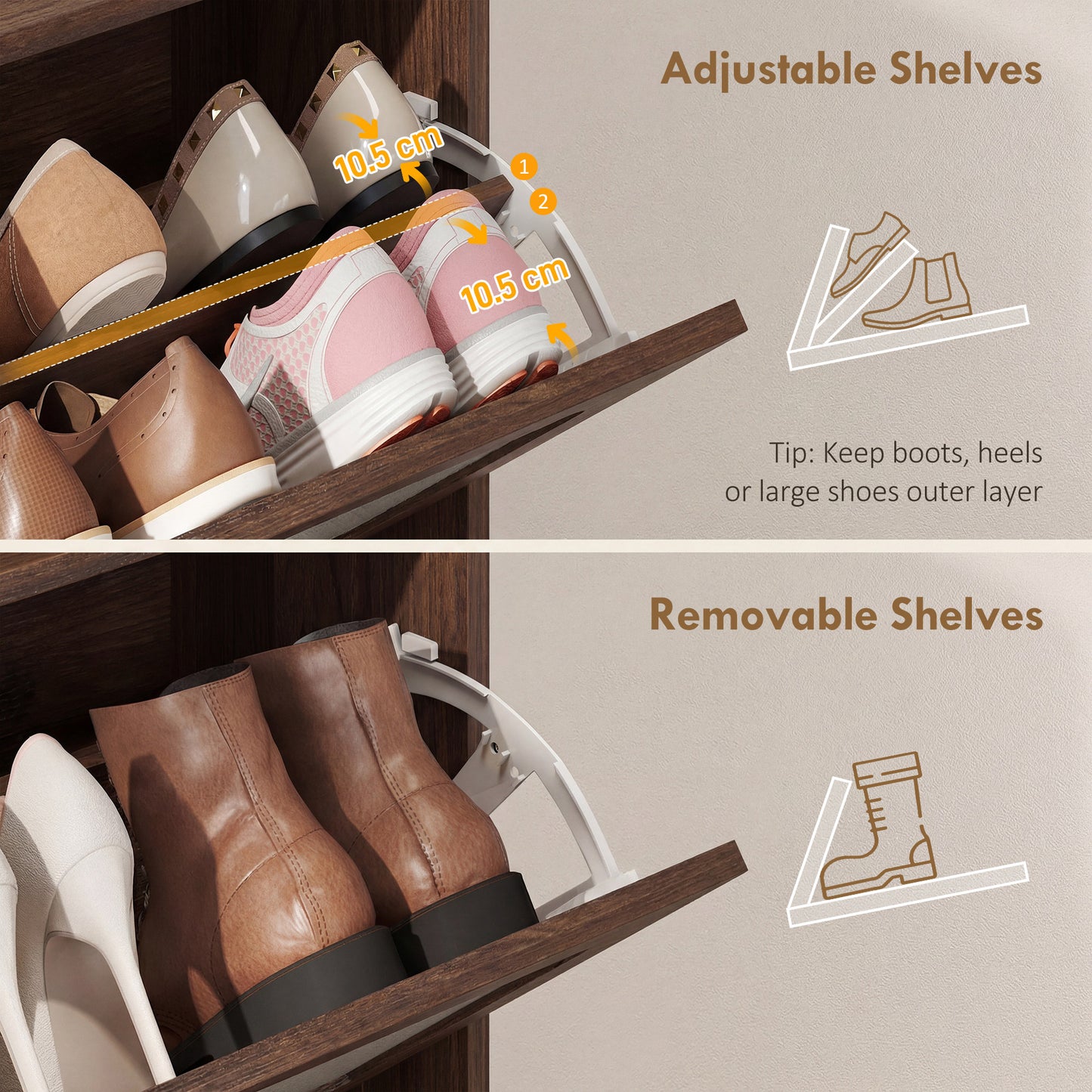 HOMCOM Narrow Shoe Cabinet With 2 Flip Drawers Boho Style Dark Brown Hallway Storage Adjustable Shelves