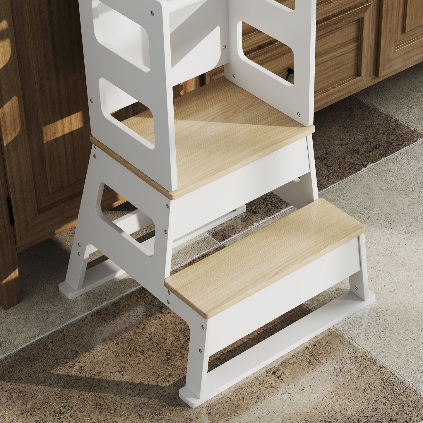 AIYAPLAY 2 In 1 Toddler Tower With Chalkboard Safety Rail For Kitchen Counter Bathroom Sink White
