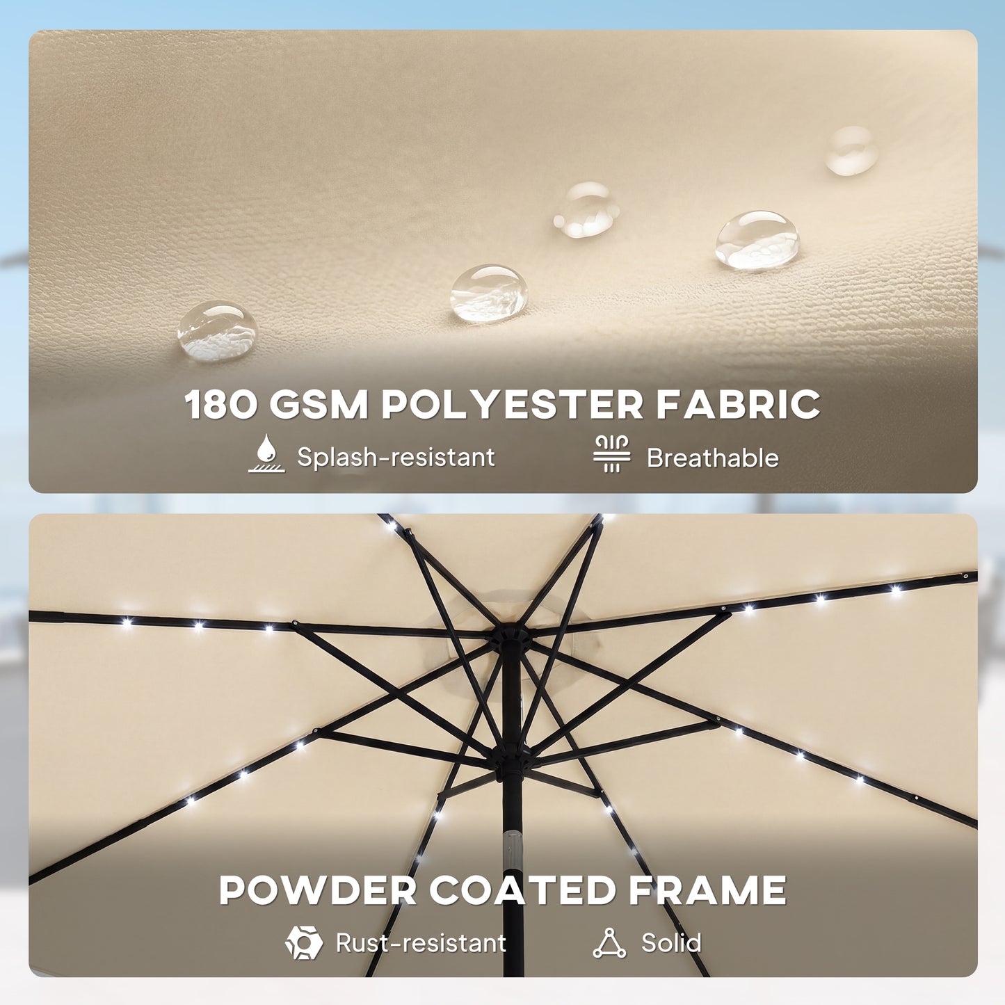 Outsunny 2.6m Garden Parasol Umbrella With LED Solar Light And Parasol Cover Beige For Outdoor Patio