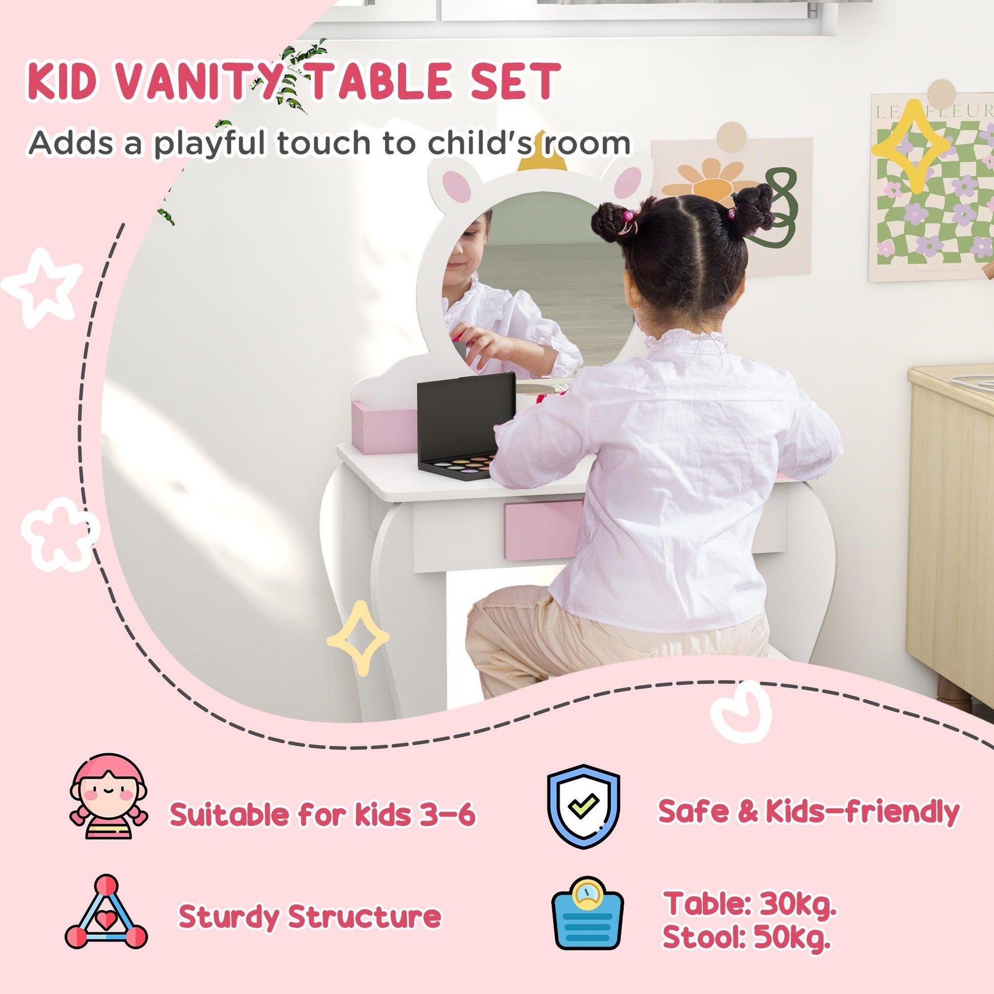 ZONEKIZ Unicorn-Design Kids Dressing Table, with Mirror and Stool - White - ALL4U RETAILER LTD