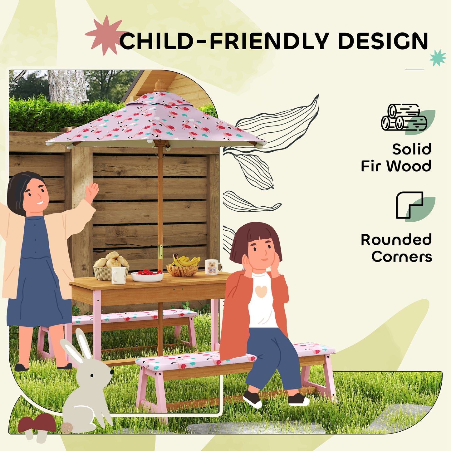 AIYAPLAY Kids Picnic Table Set With Removable Foldable Umbrella Cushions Storage Boxes Flamingo Theme Pink