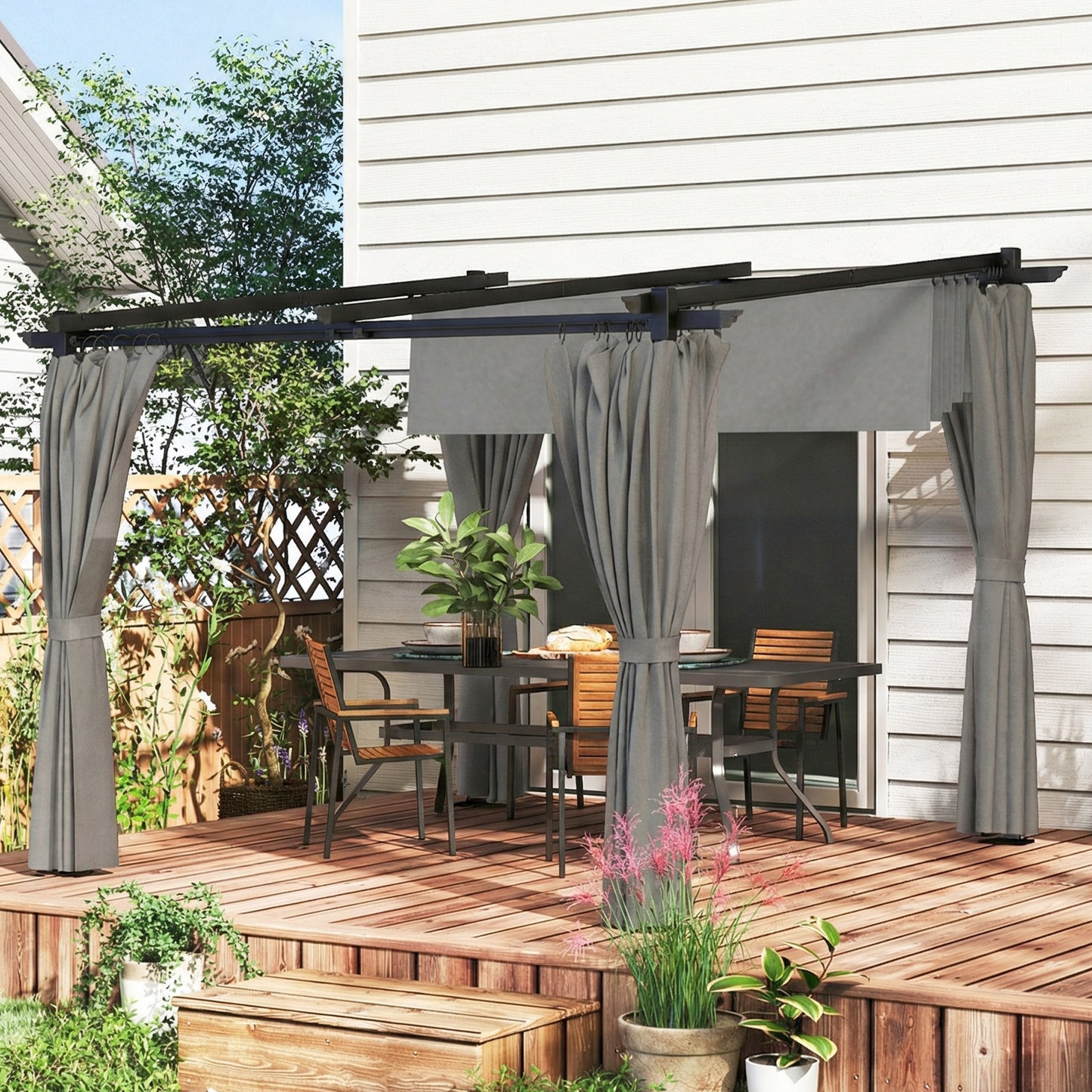 Outsunny 3 X 3 M Retractable Roof Pergola With Curtains Light Grey Outdoor Shade