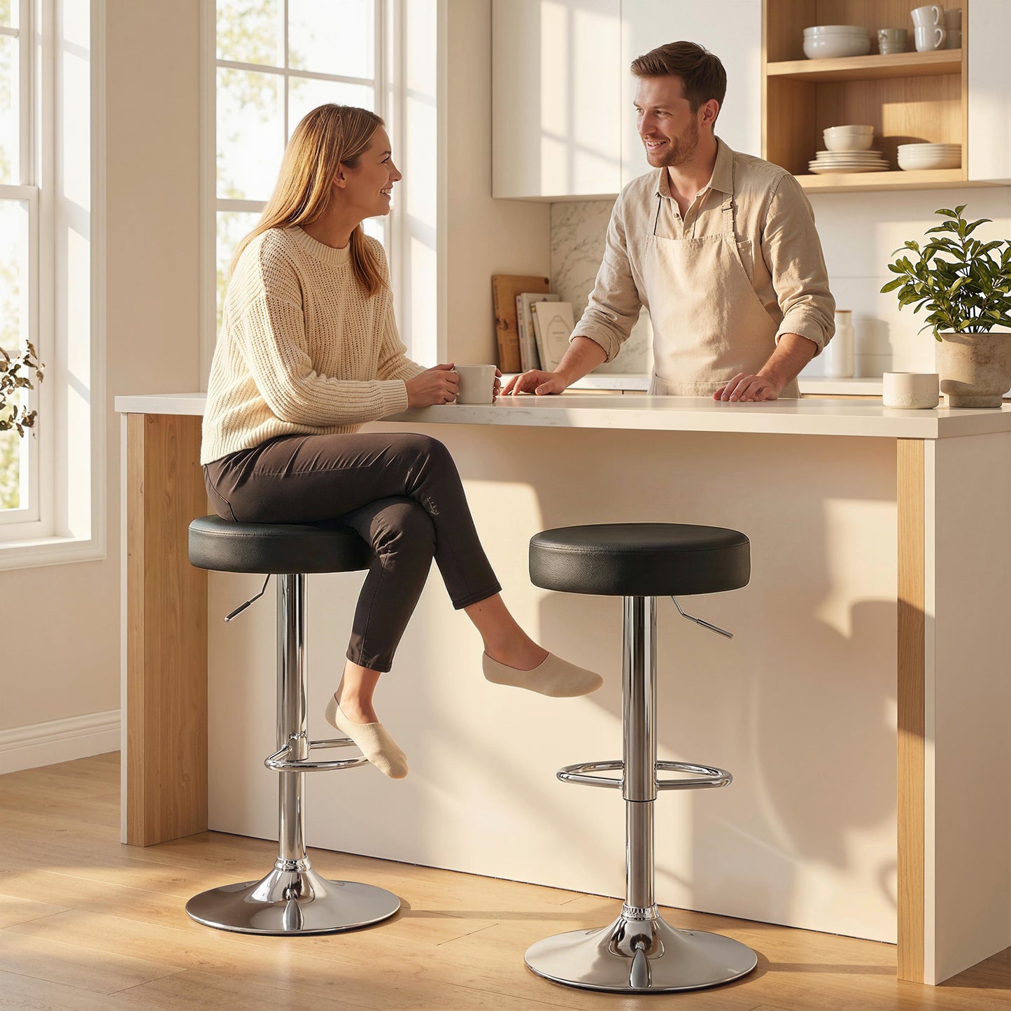 HOMCOM Bar Stools Set Of 2 Modern PU Leather Swivel Height Adjustable Breakfast Bar Chairs With Footrest Black
