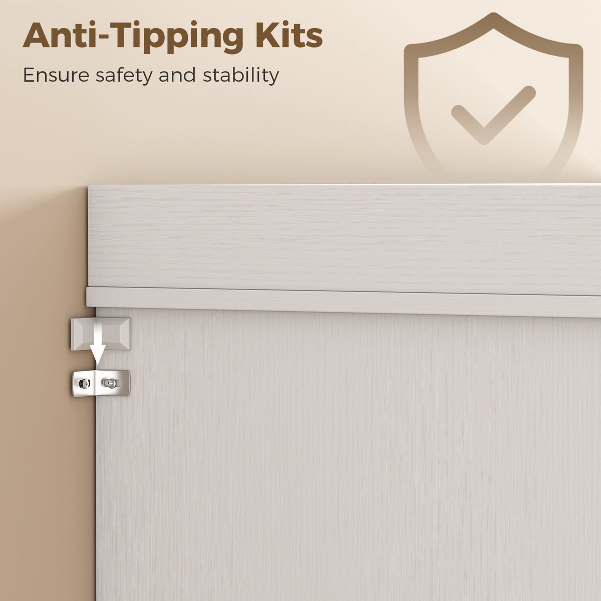 White cabinet with anti-tipping kit hardware mounted near the top edge