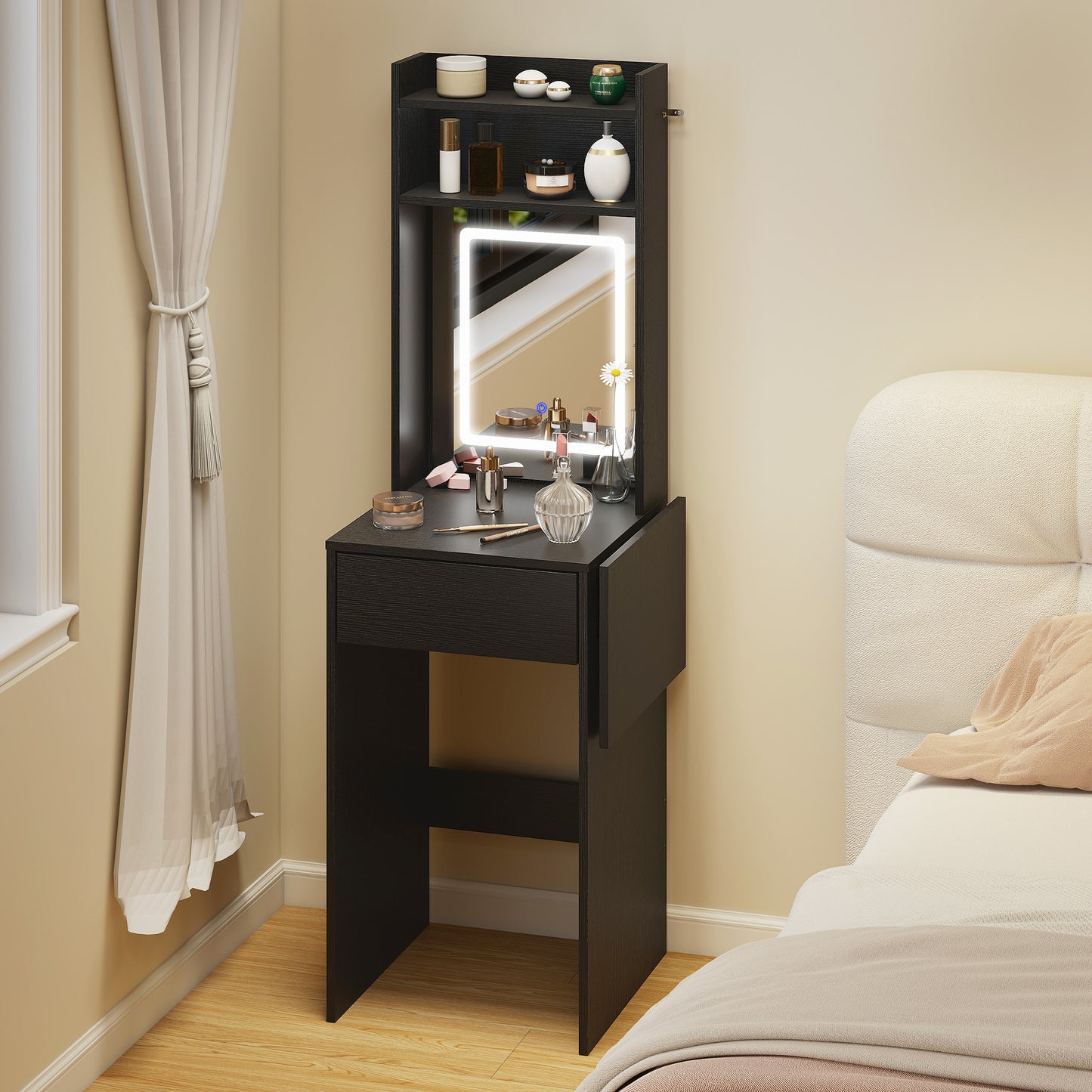HOMCOM Small Vanity Desk With Mirror And LED Lights Compact Dressing Table With Drop Leaf Open Shelves And Drawer Black