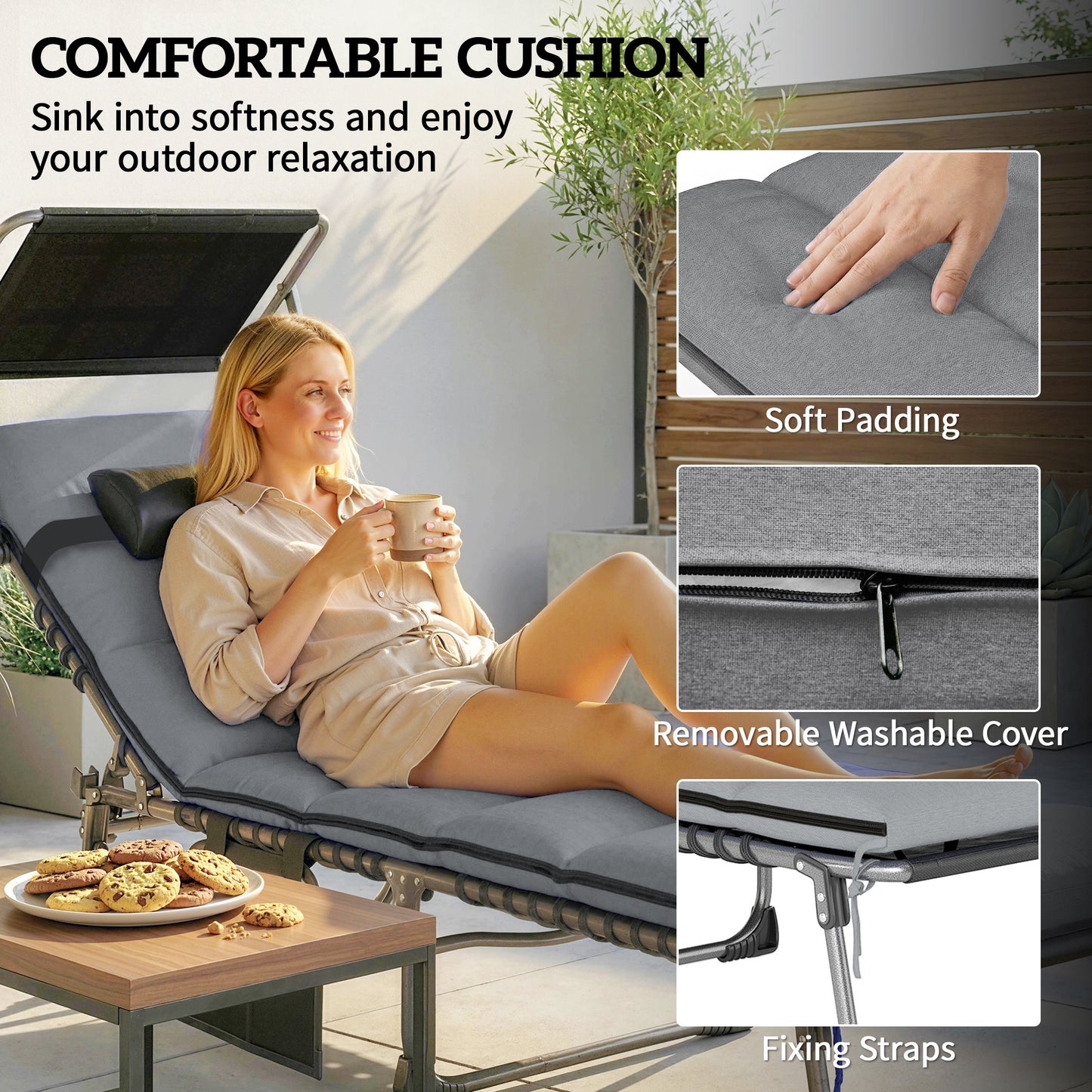 Outsunny Folding Sun Loungers Set Of 2 With Canopy Cushions Side Pocket And Carrying Handle Light Grey