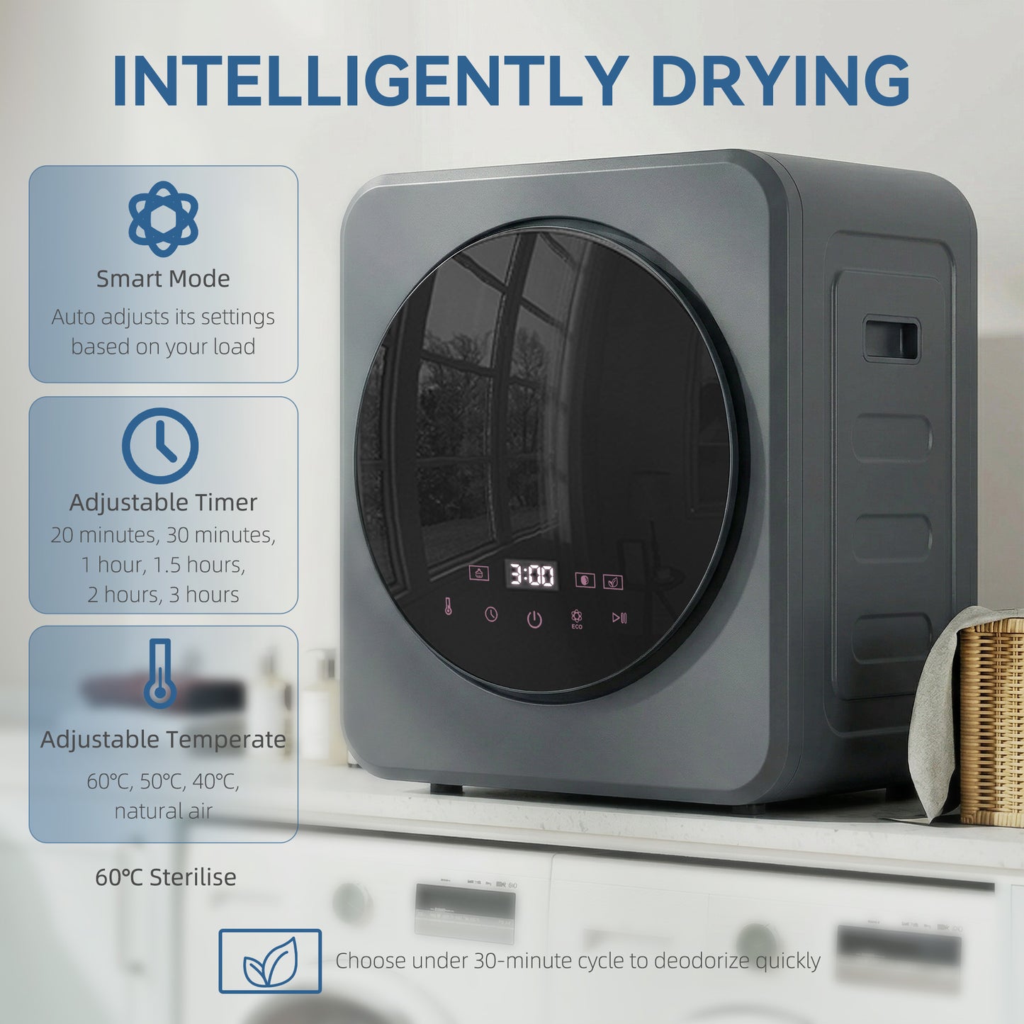 HOMCOM 4kg Vented Tumble Dryer With Stainless Steel Drum 800W Compact Front Freestanding Grey Sterilising Cycle