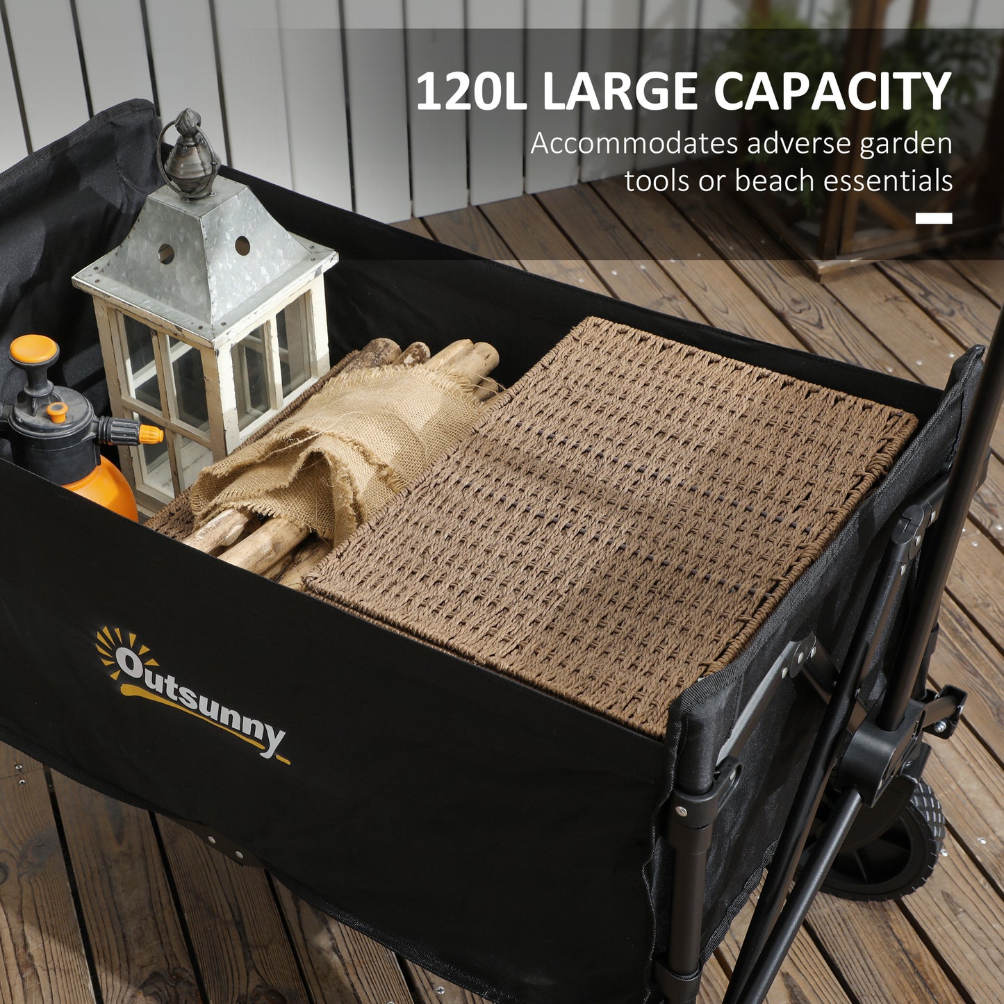 Outsunny 120L Folding Trolley On Wheels For Camping Garden Beach Fishing Black With Adjustable Handle