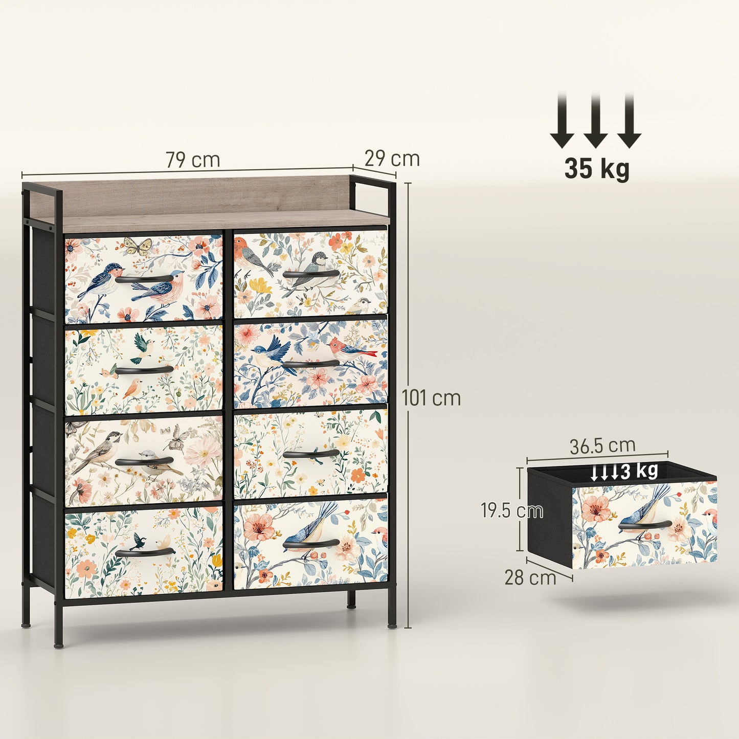 HOMCOM Eight Drawer Fabric Chest Of Drawers White With Removable Foldable Drawers And Patterned Panels