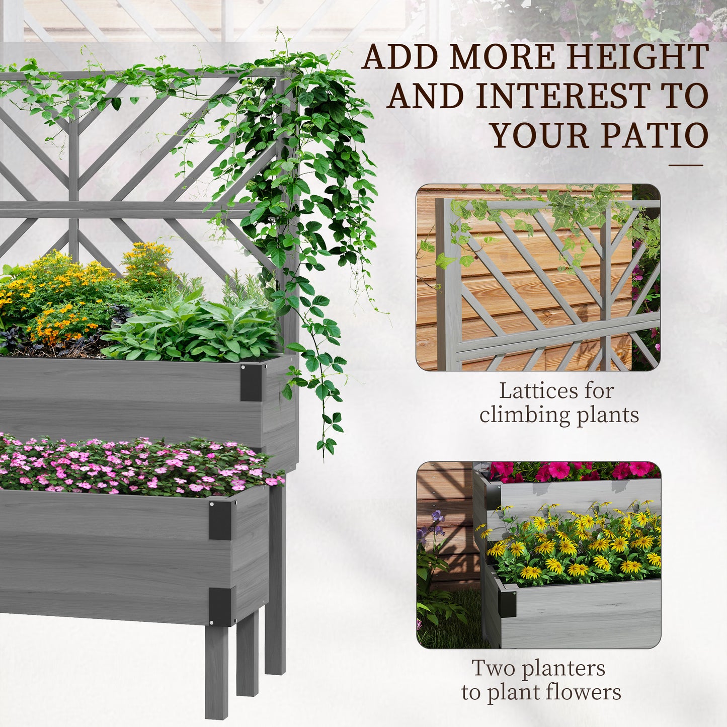 Outsunny Raised Garden Bed With Trellis Two-Tier Wooden Elevated Planter Box For Vegetables Flowers Herbs Grey