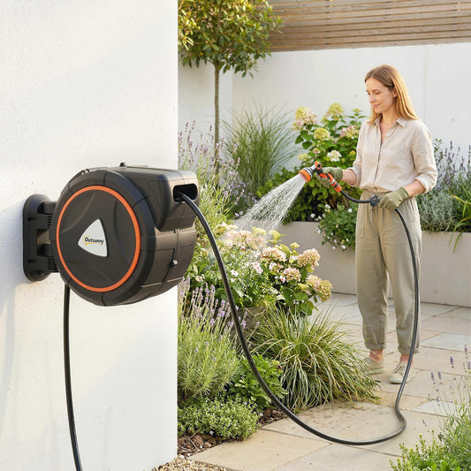 Outsunny Retractable Hose Reel Wall Mounted With Auto Retraction Self Locking Slow Return 12 Pattern Nozzles 30m