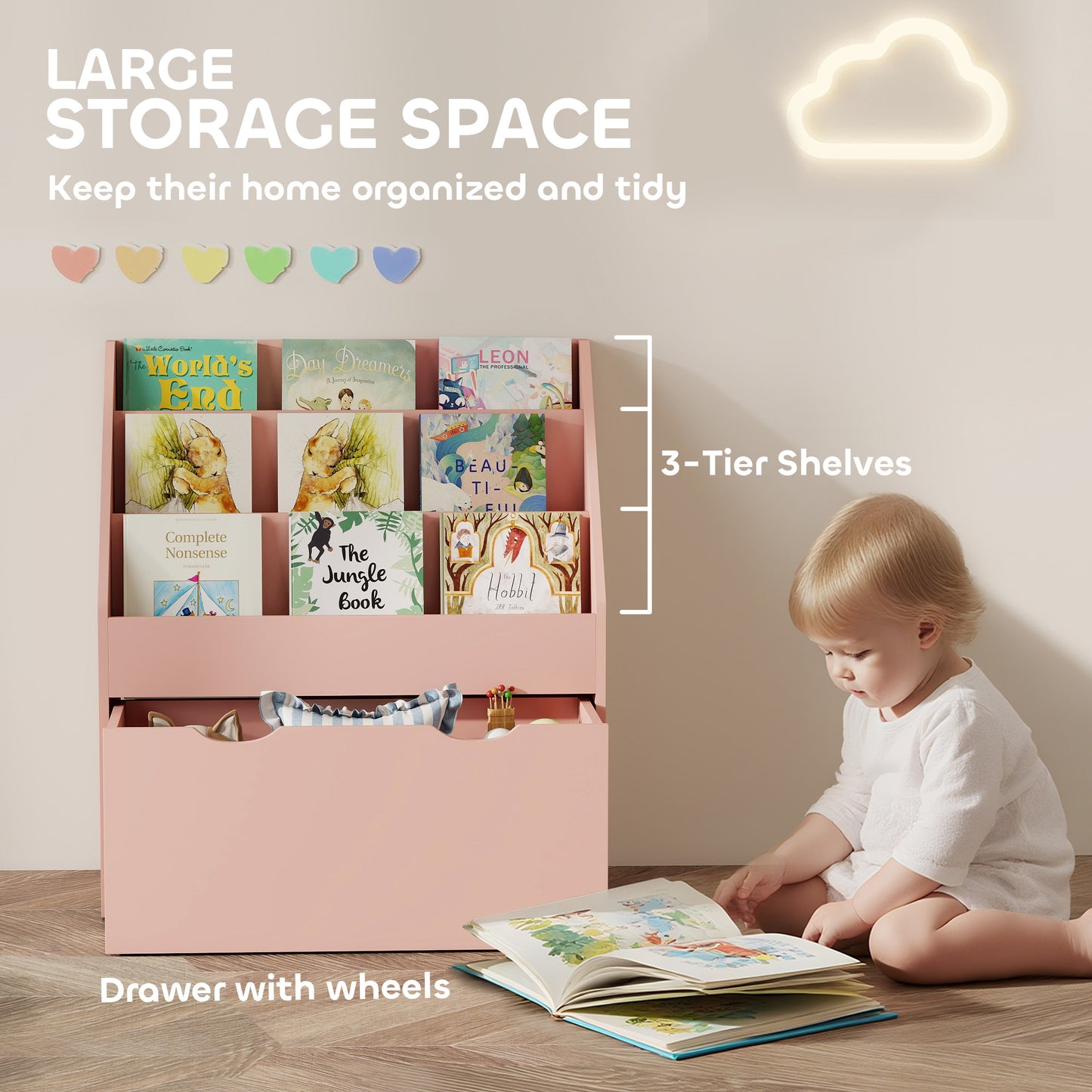 AIYAPLAY Pink Kids Bookcase With Shelves And Drawer On Wheels For Bedroom And Playroom