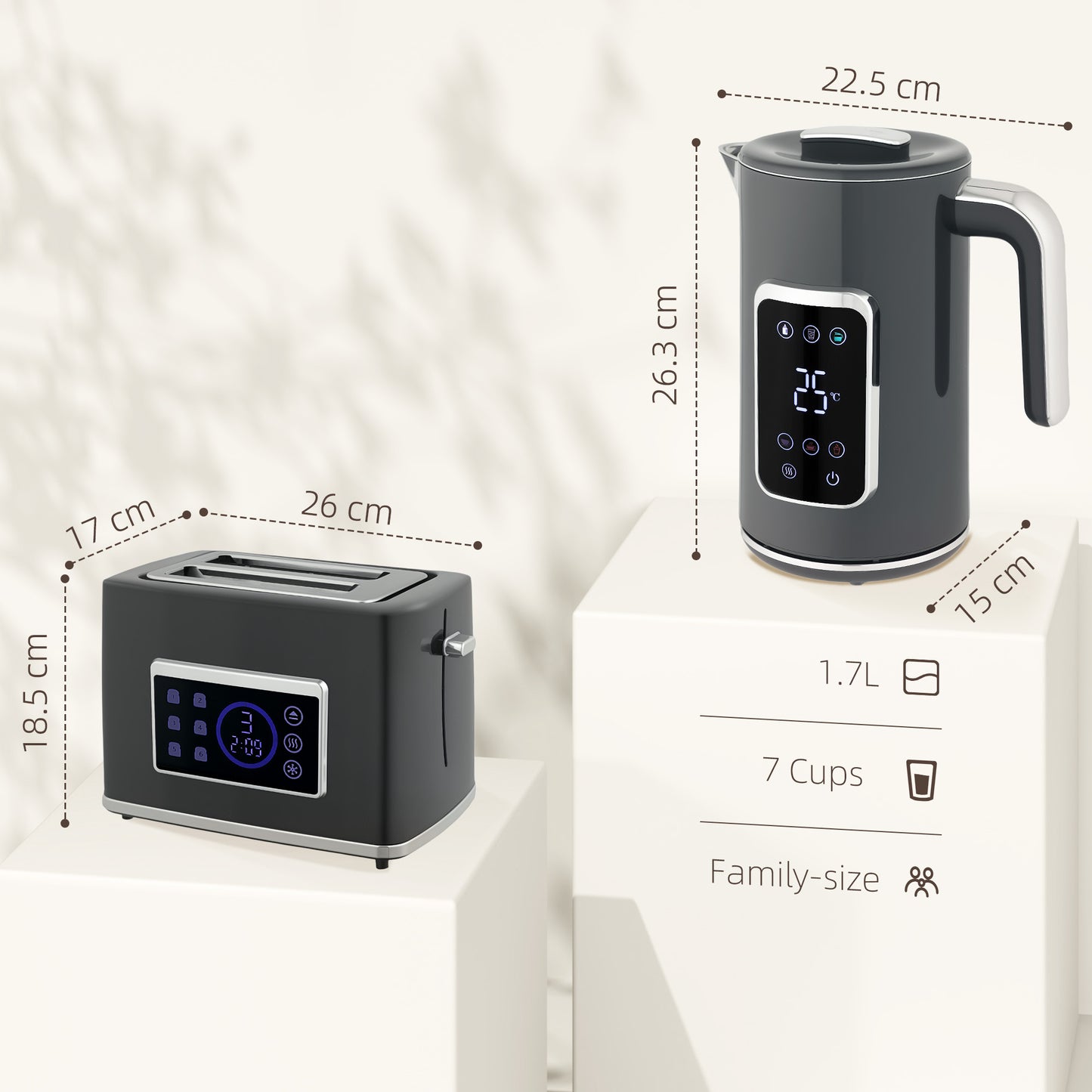HOMCOM Touch Screen Kettle And Toaster Set In Grey With 3000W Fast Boil 1.7L And Six Temperature Presets Keep Warm