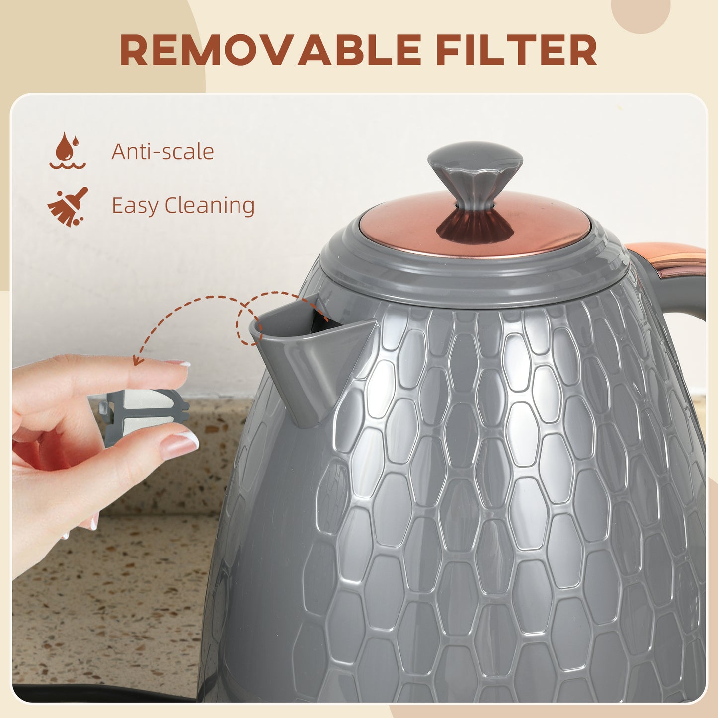 HOMCOM 3kW Rapid Boil Honeycomb Kettle Grey Electric Kettle With Boil Dry Protection