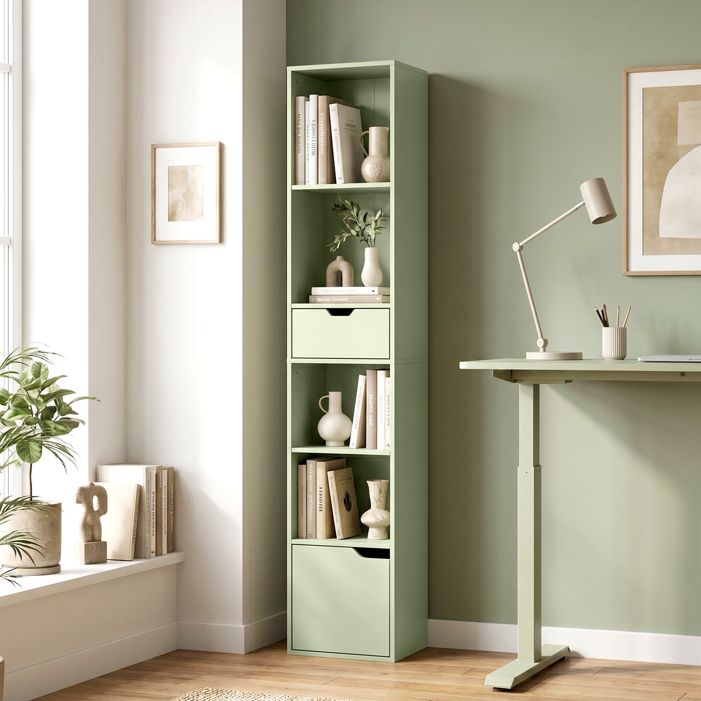 HOMCOM Six Tier Tall Narrow Bookcase With Drawer And Door Green For Clutter Free Living Room Home Office Storage
