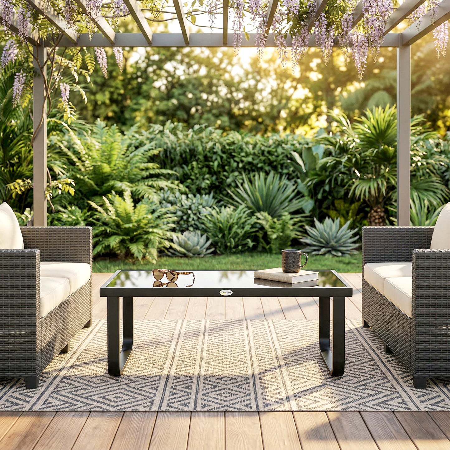Outsunny Outdoor Garden Coffee Table With Rectangular Metal Frame Tempered Glass Top And Adjustable Foot Pads