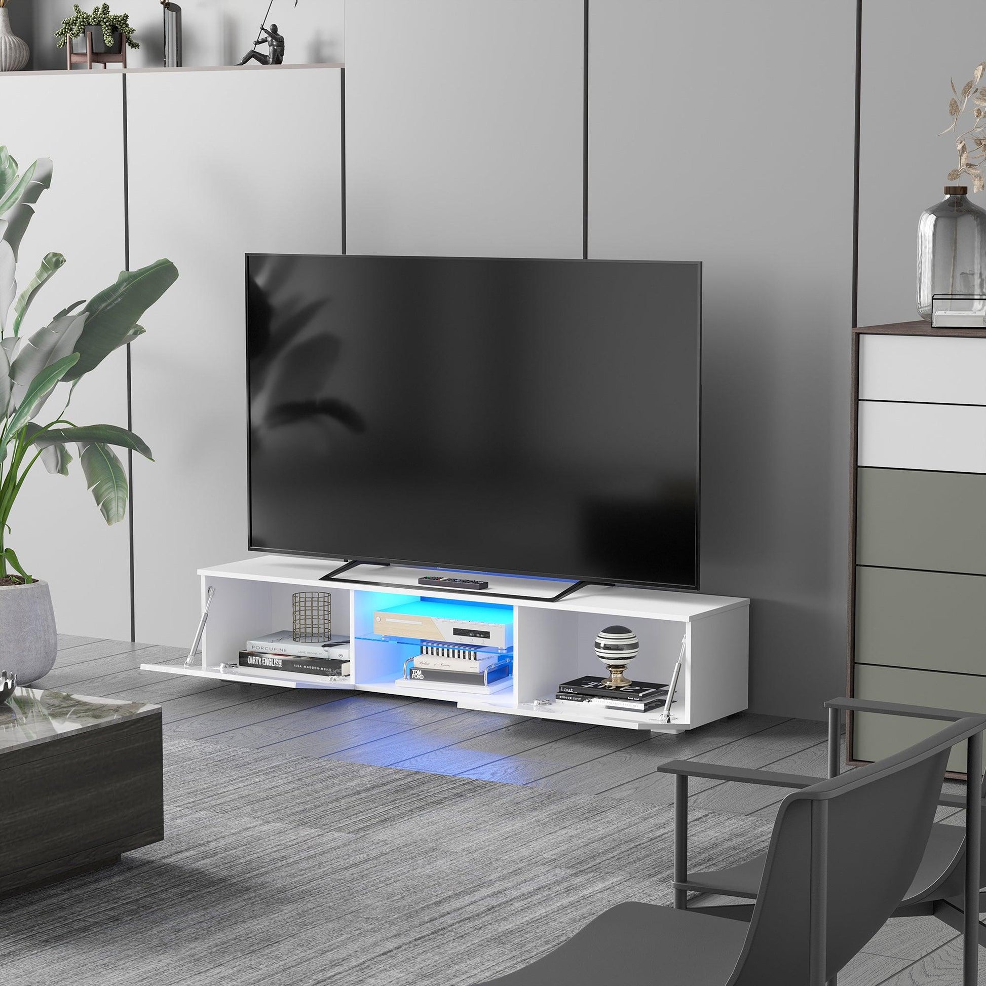 HOMCOM Black Gloss TV Stand Cabinet with LED Lights, Storage Cupboard - For TVs up to 55" - ALL4U RETAILER LTD