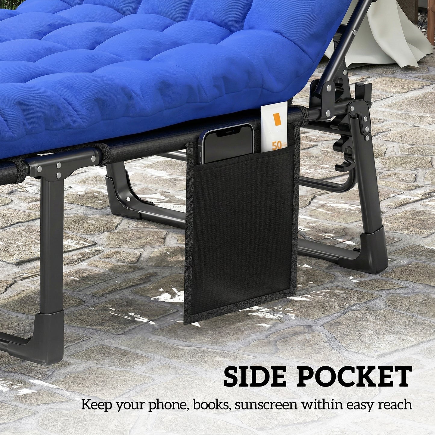 Outsunny Folding Sun Loungers Set of 2 for Garden 5 Position Oversized Camping Bed Recliners With Cushions Blue