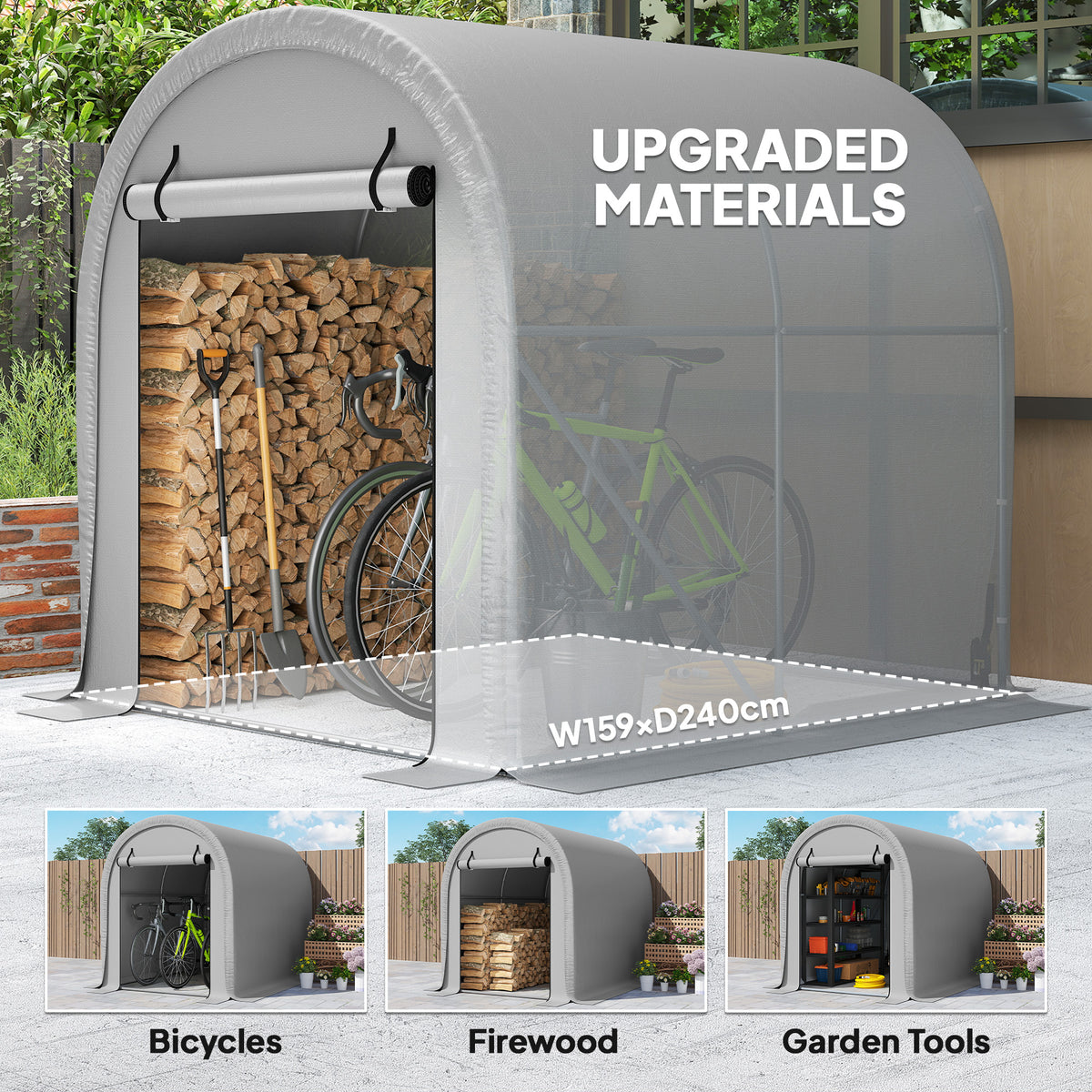 Gray bike and firewood storage tent with open front, logs and bicycle visible inside.