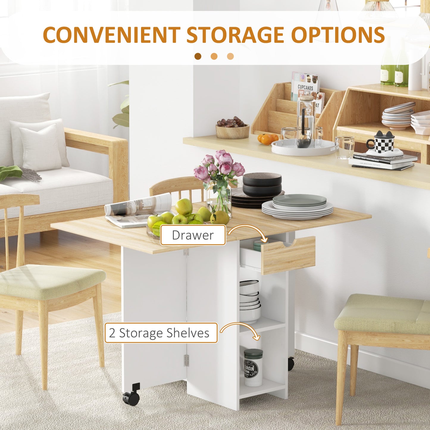 HOMCOM Folding Dining Table With Drop Leaf For Small Spaces Oak Finish Foldable Table With Drawer And Storage Shelves