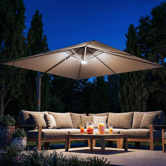 Outsunny 3 x 3 m Garden Cantilever Parasol With Light And Wind Protection 360 Degree Rotation Khaki