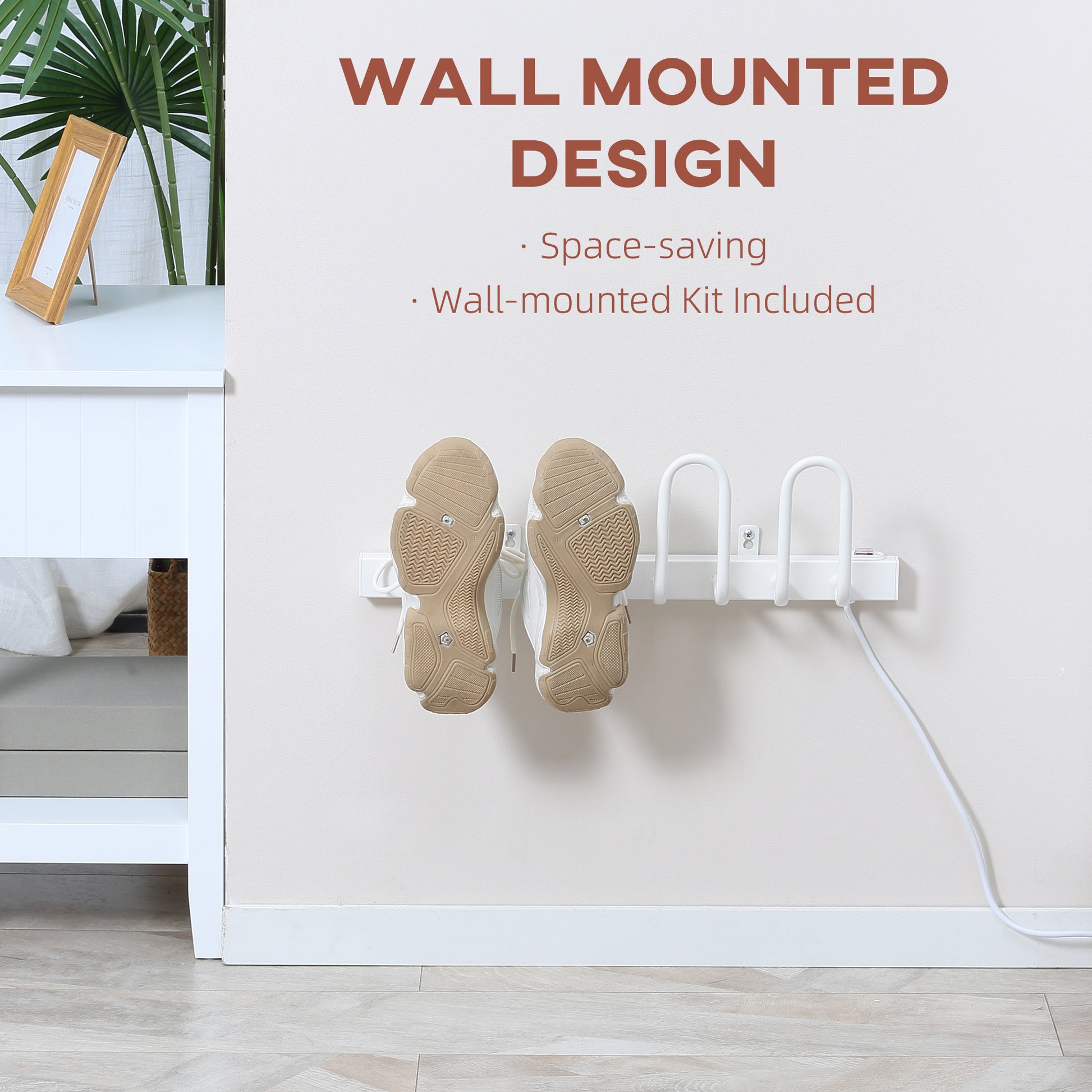 HOMCOM Wall-Mounted Electric Shoe Dryer for Two Pairs - Efficient Boot and Shoe Warmer with Safe Temperature Control - White - ALL4U RETAILER LTD