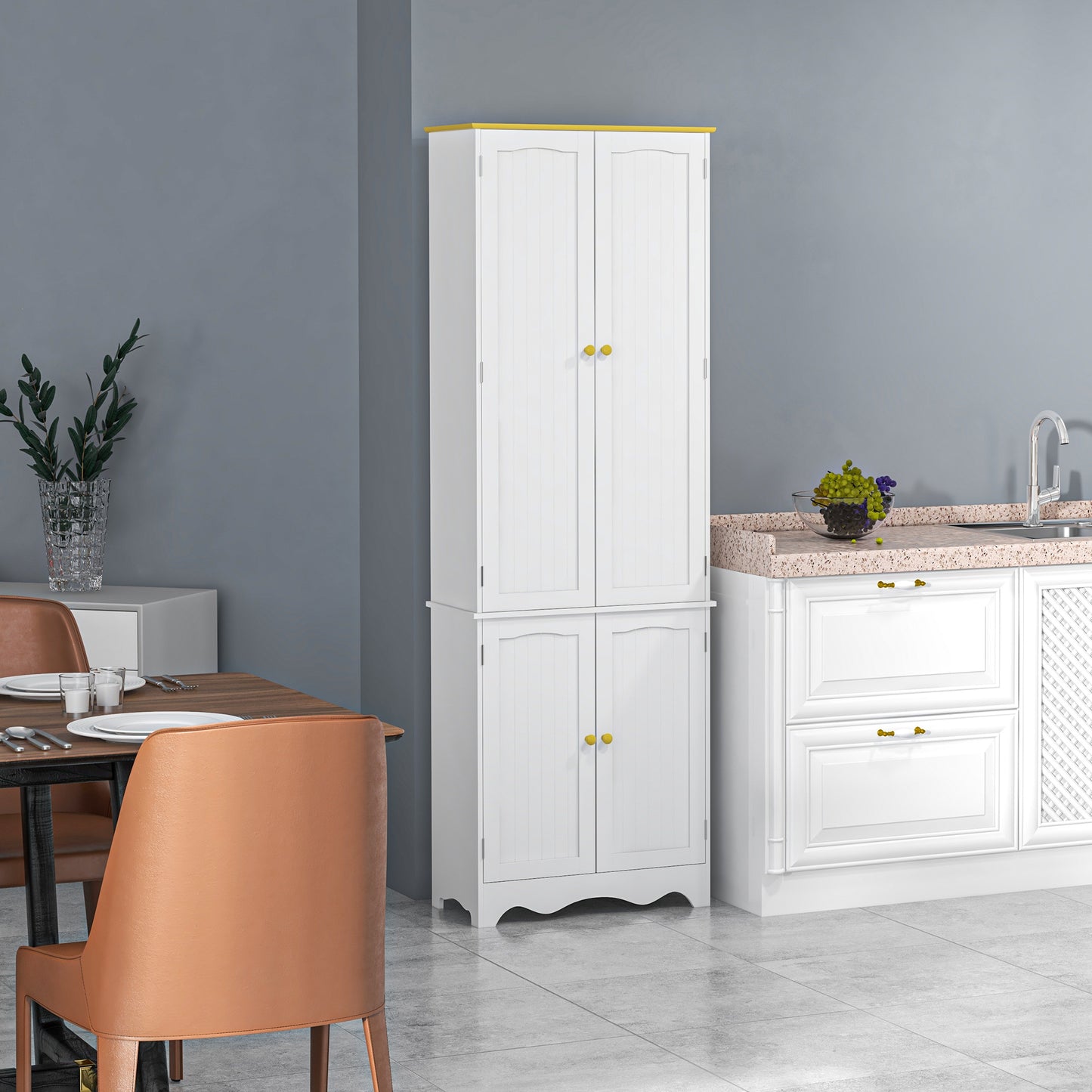 HOMCOM Freestanding Four Door Kitchen Cupboard Storage Cabinet With Six Internal Shelves 183cm White Wood Effect