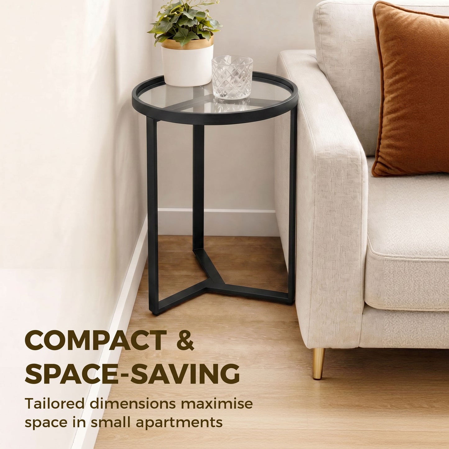 HOMCOM Round Side Table With Tempered Glass Top And Geometric Metal Frame For Small Spaces Black