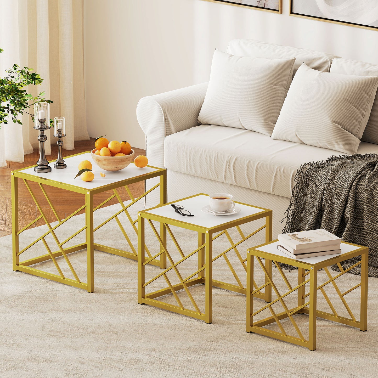 HOMCOM Nesting Coffee Tables Set of 3 Square Side Tables With Black Metal Frame White Finish For Living Room Office