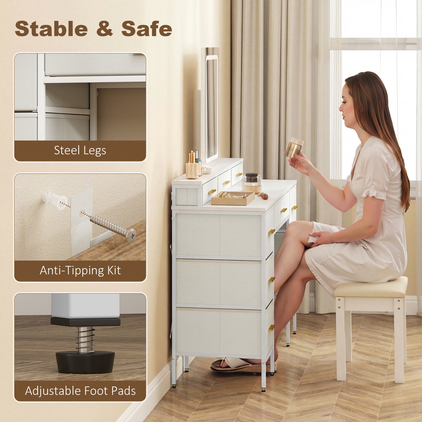 HOMCOM Multi Storage Elegant Dressing Table With LED Mirror In White Finish And Gold Tone Handles