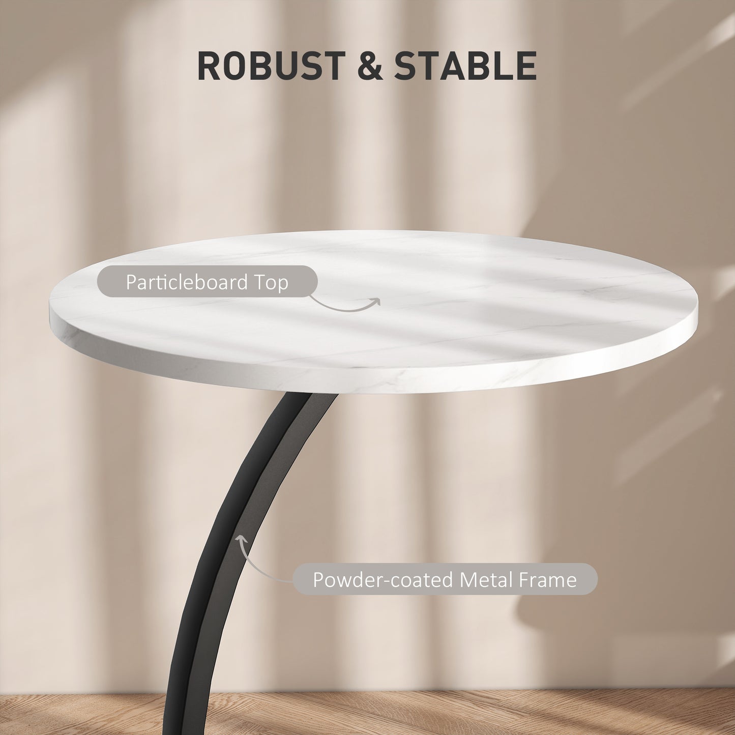 HOMCOM C Shaped Side Table Round Bedside Table With Marble Effect Top Modern Sofa End Table With Metal Frame White