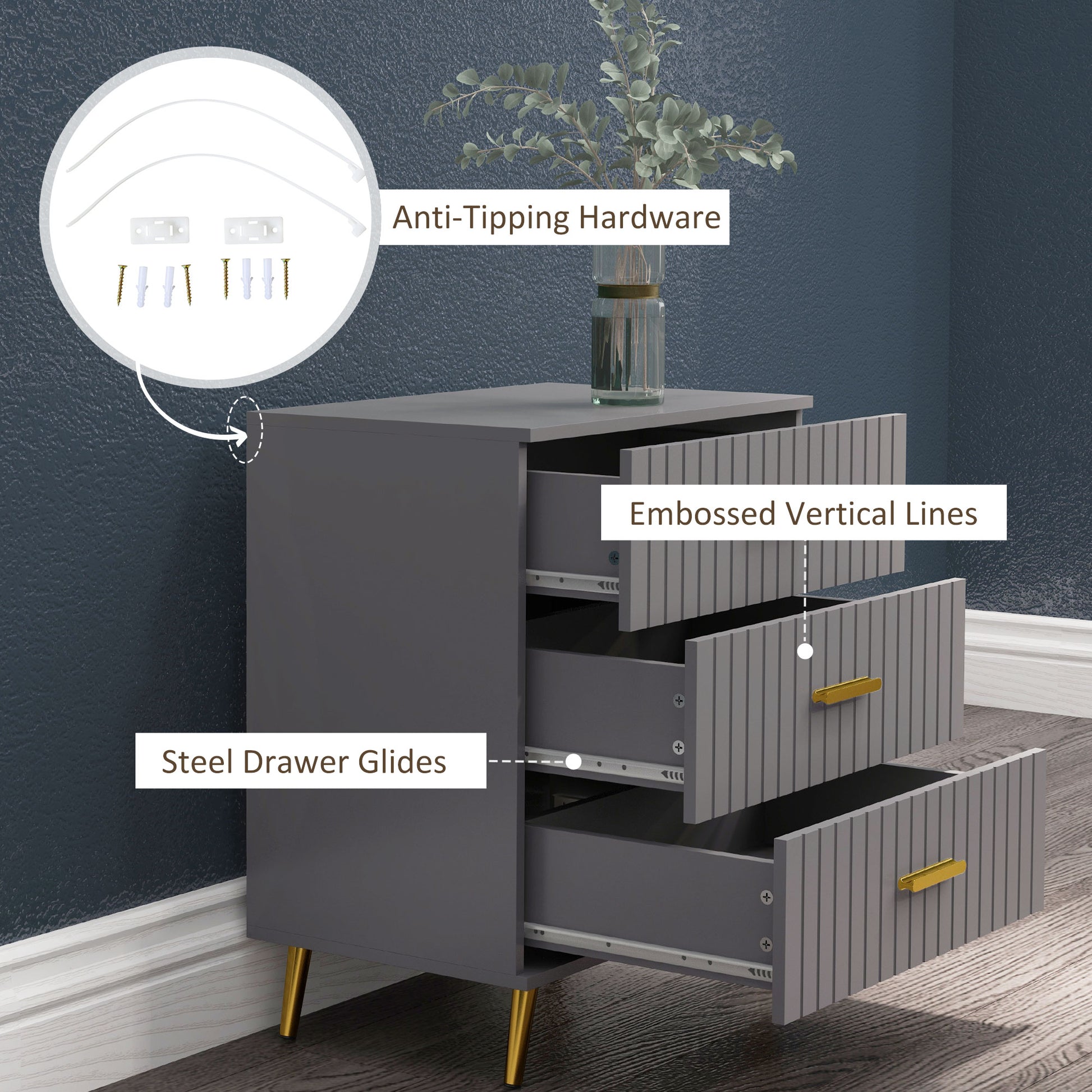 HOMCOM Modern Dark Grey 3-Drawer Dresser with Gold Accents and Aluminium Legs - ALL4U RETAILER LTD