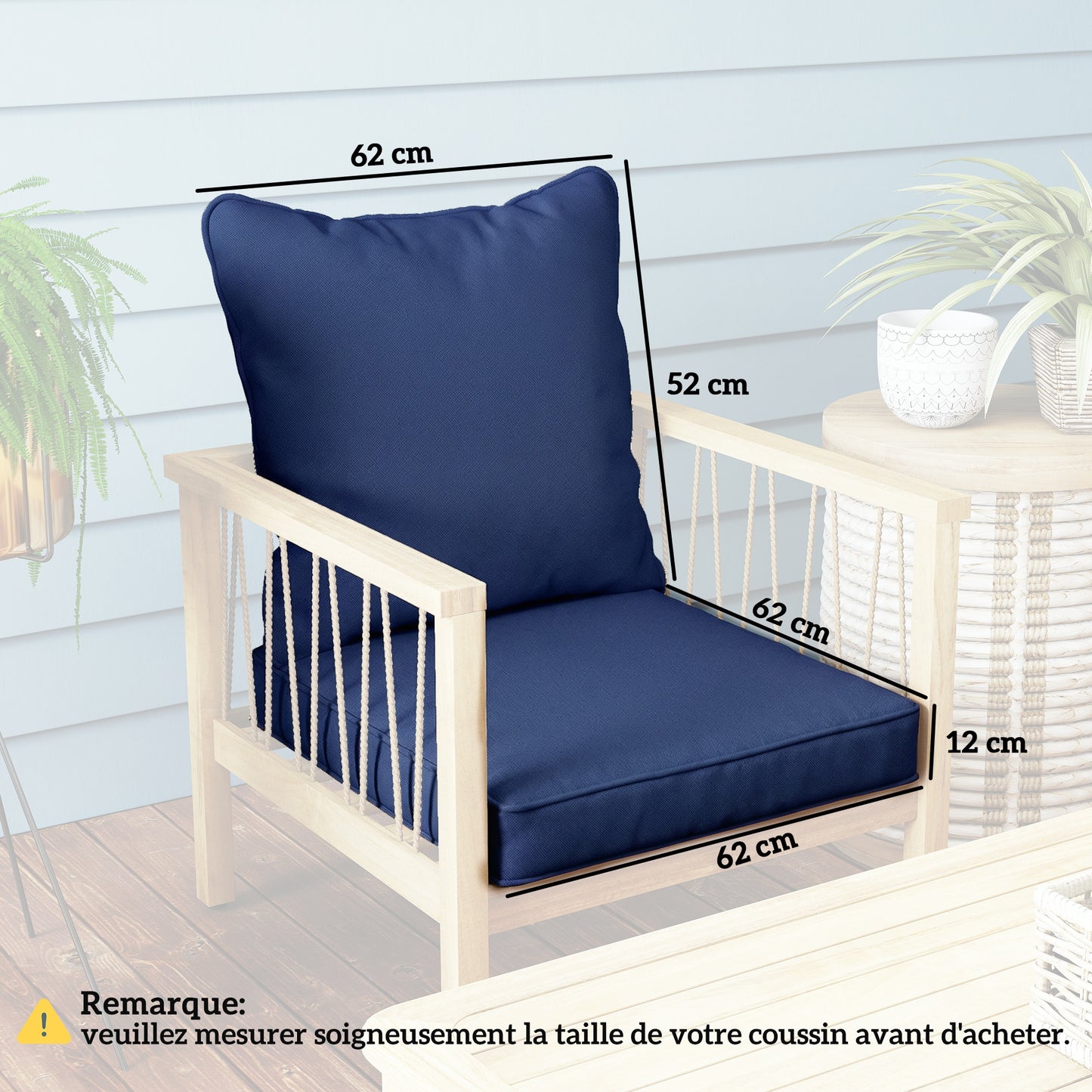 Outsunny Outdoor Seat and Back Padded Cushion Set Two Cushions Dark Blue for Patio Garden Lounge