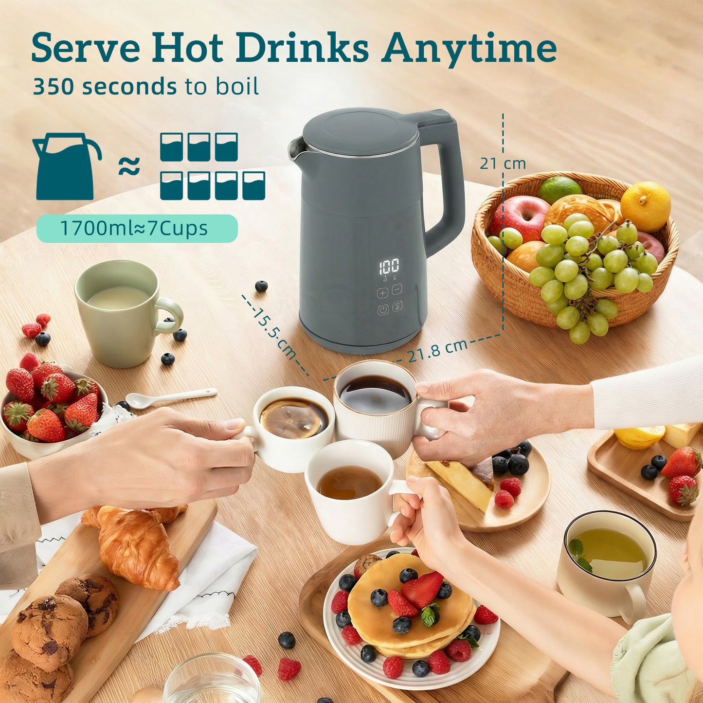 HOMCOM 1.7L Electric Kettle 3kW Fast Boil With UK Strix Thermostat LED Display Keep Warm Grey