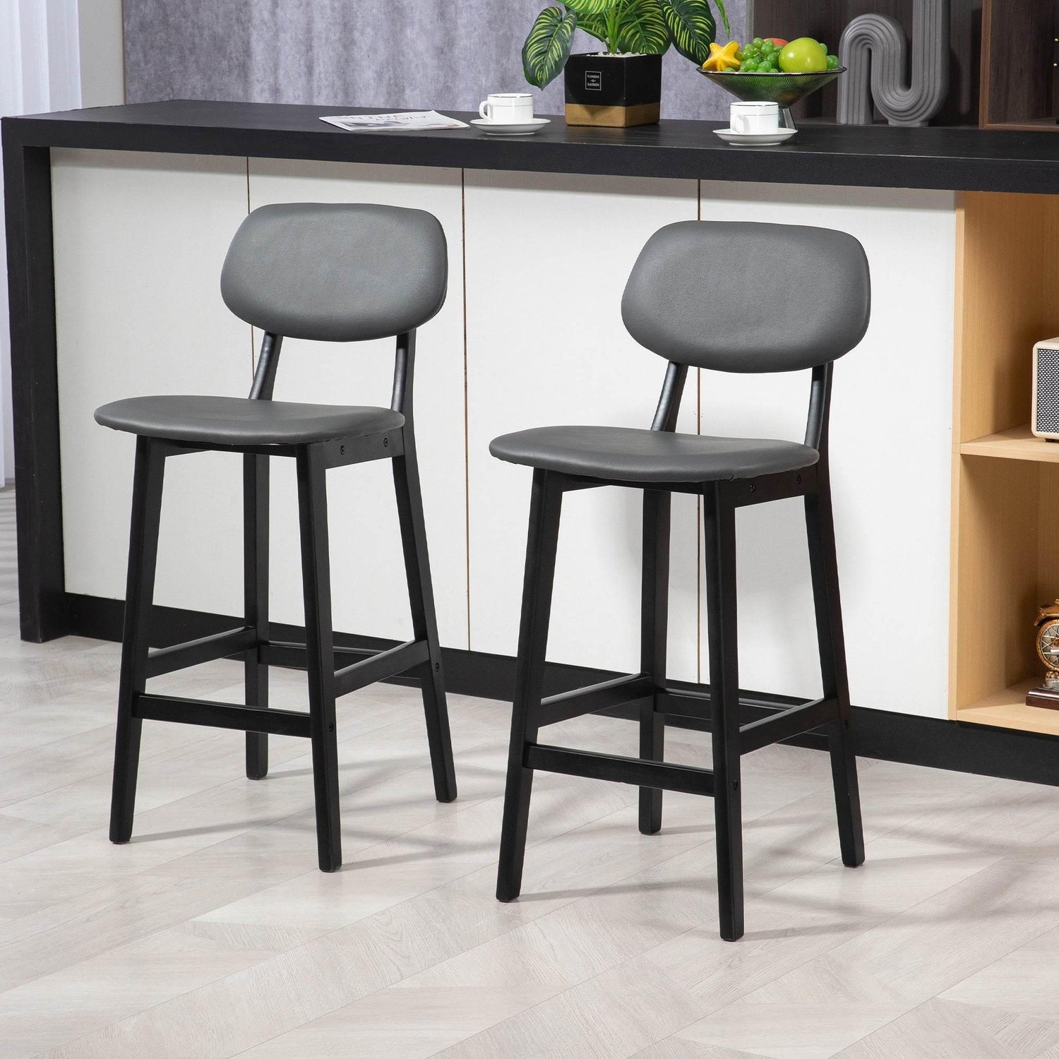 Set of 2 dark grey bar stools with backrest, padded faux leather seats, wooden legs