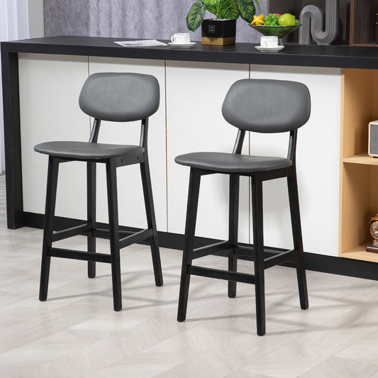 HOMCOM Set of 2 Modern Dark Grey Faux Leather Bar Stools with Backrest and Wooden Legs - ALL4U RETAILER LTD