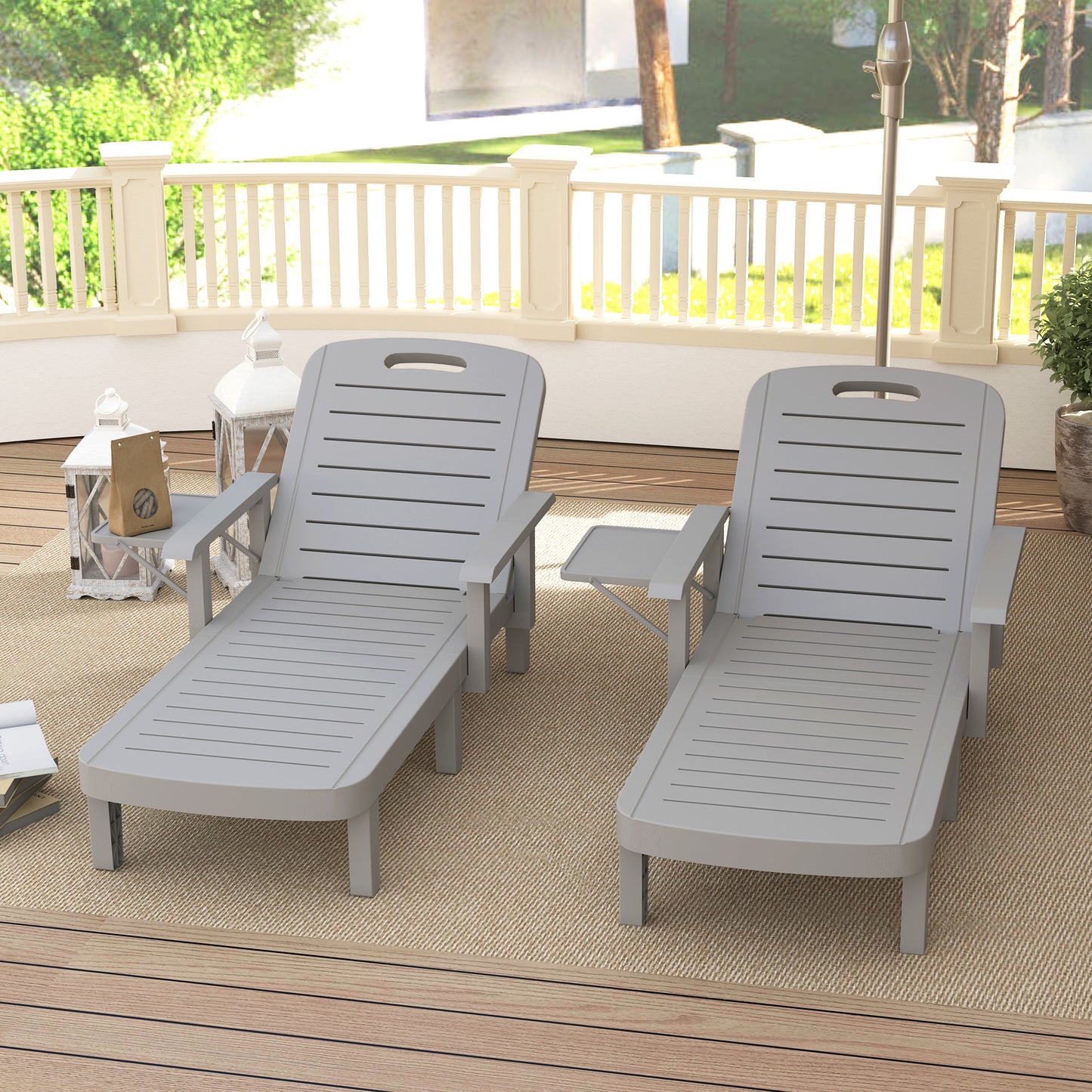 Outsunny Set Of 2 Resin Sun Loungers For Garden 5 Position Adjustable With WoodTexture Foldable Side Table Light Grey
