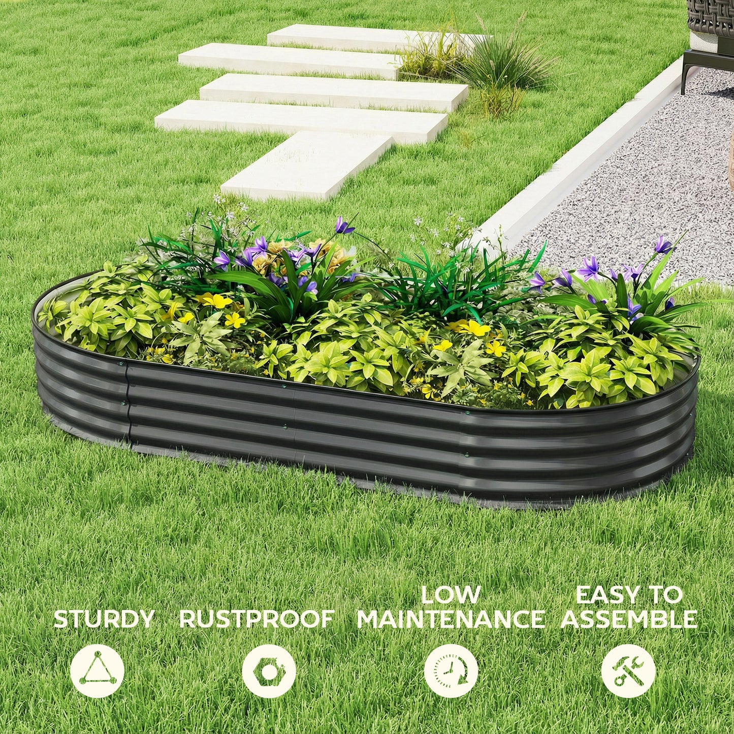Outsunny Galvanised Raised Garden Bed With Safety Edging Planter Box For Flowers Herbs Succulents Dark Grey