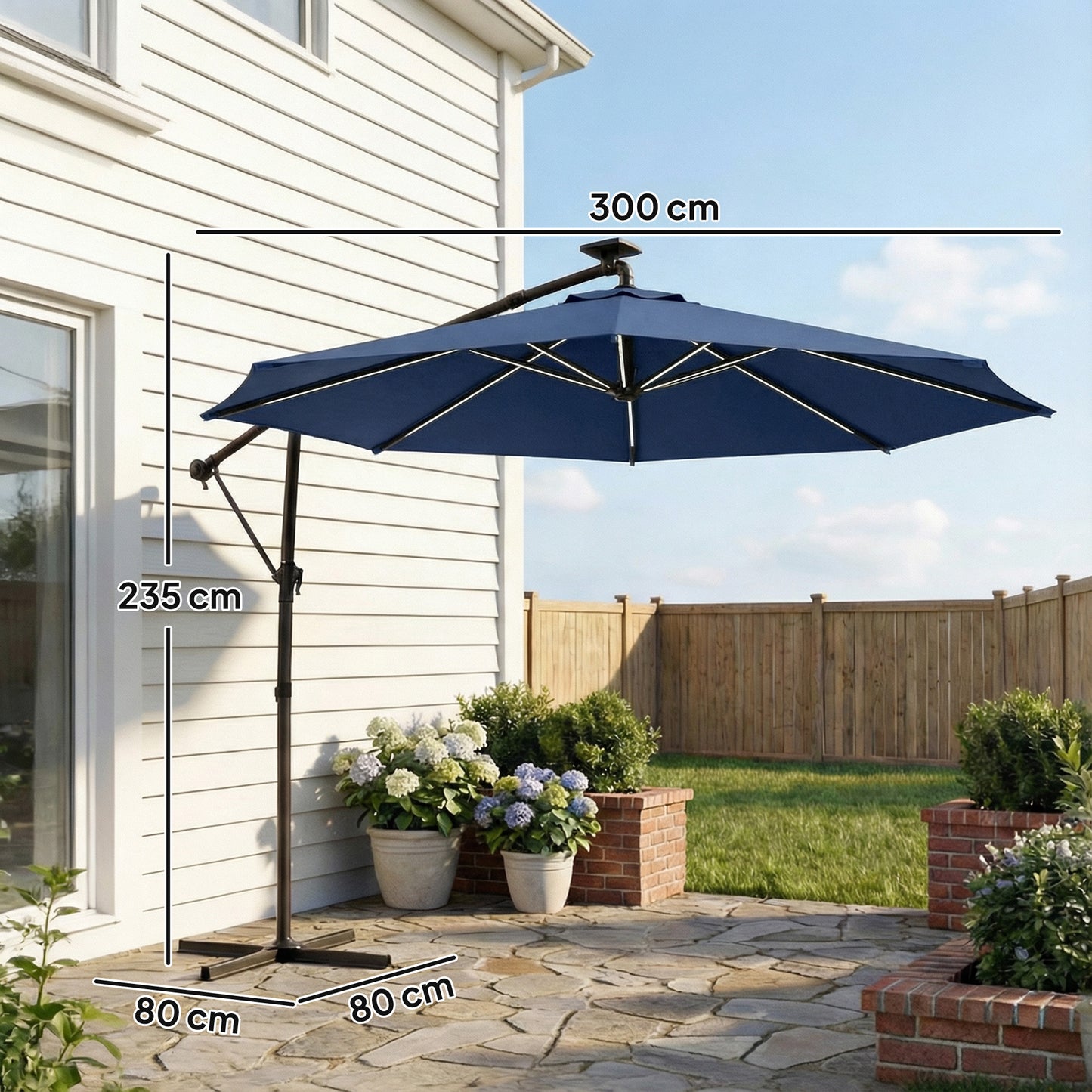 Outsunny Three Meter Garden Cantilever Parasol With LED Solar Light, Round Umbrella With 360 Degree Rotation, Navy Blue