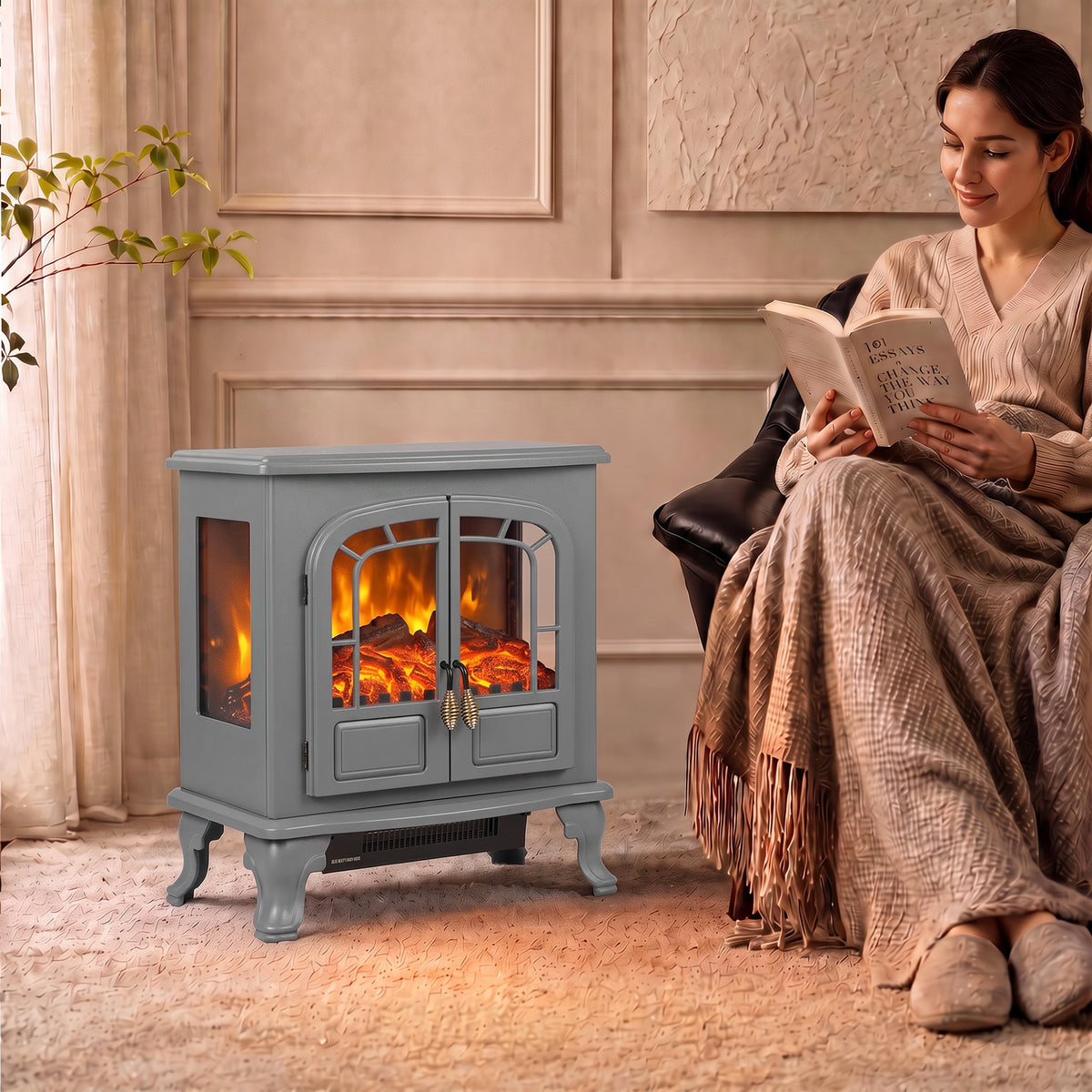 Homcom Freestanding Electric Fireplace Stove Heater With Led Flame Effect