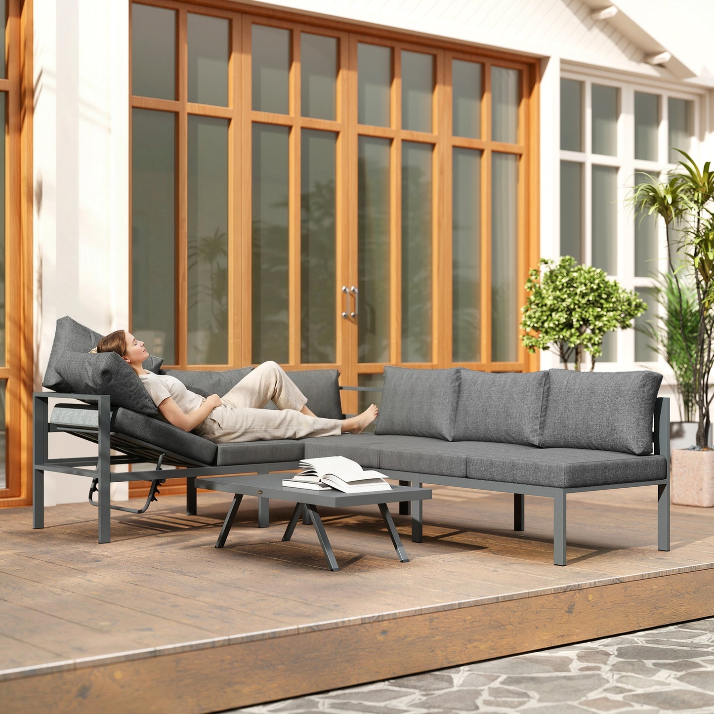 Outsunny 3 Piece Aluminium Garden Furniture Set With Adjustable Backrest Corner Lounge And Coffee Table