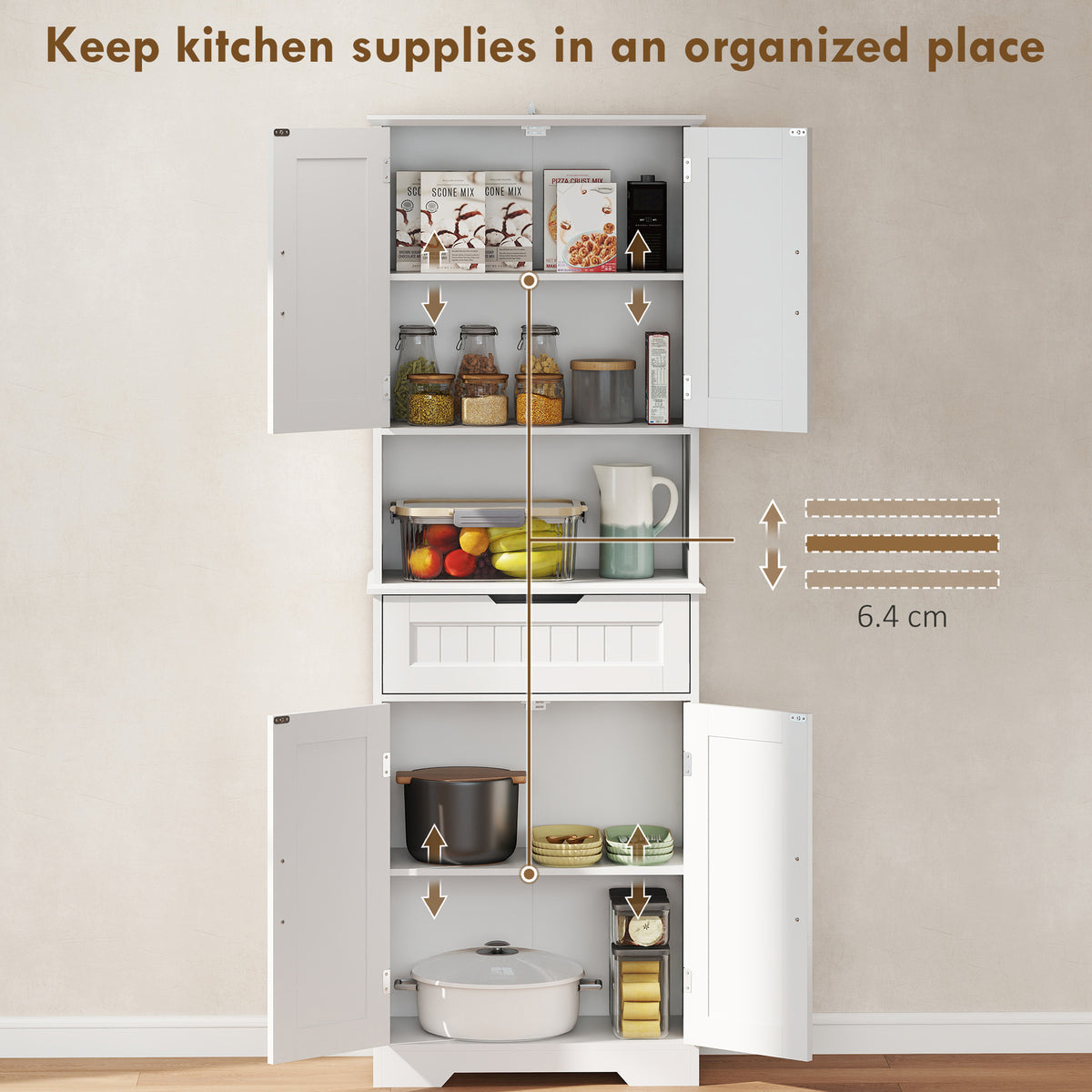 HOMCOM 172 cm Kitchen Pantry Cabinet With Open Counter and Adjustable Shelves