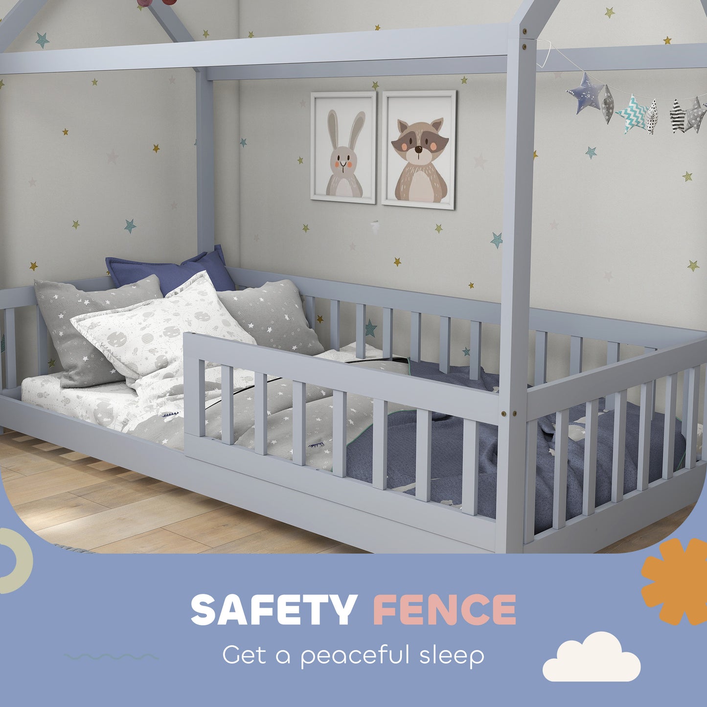 HOMCOM House Shaped Kids Bed Frame With Guard Rails Solid Pine Wood Single Bed Frame For Kids Boys And Girls Grey
