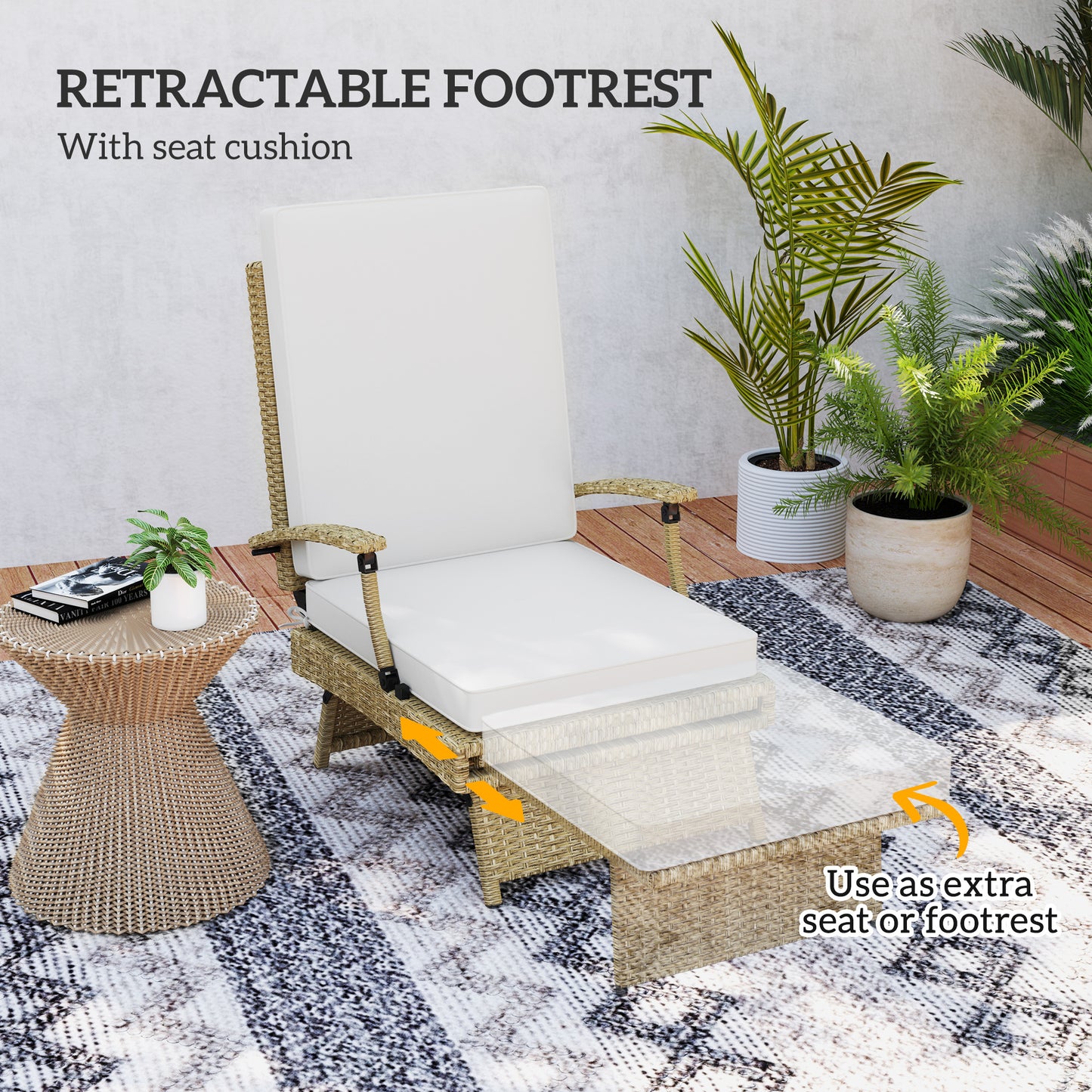 Outsunny 80 Degree Reclining Rattan Lounger With Footrest Ideal Outdoor Garden Chair White Beige