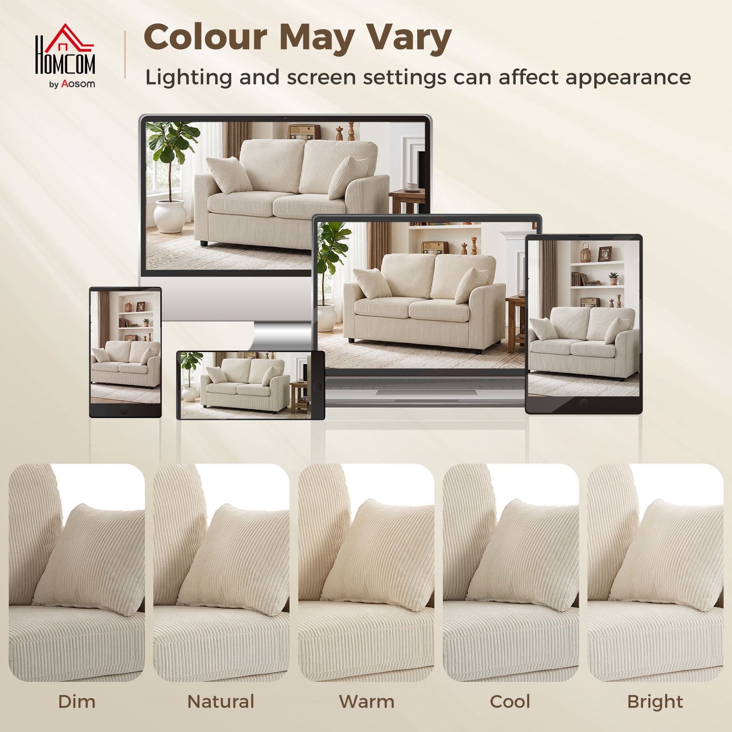 HOMCOM 2 Seater Sofa Corduroy Small Couch With Pocket Springs And Spring Cushion Wide Deep Seat Beige